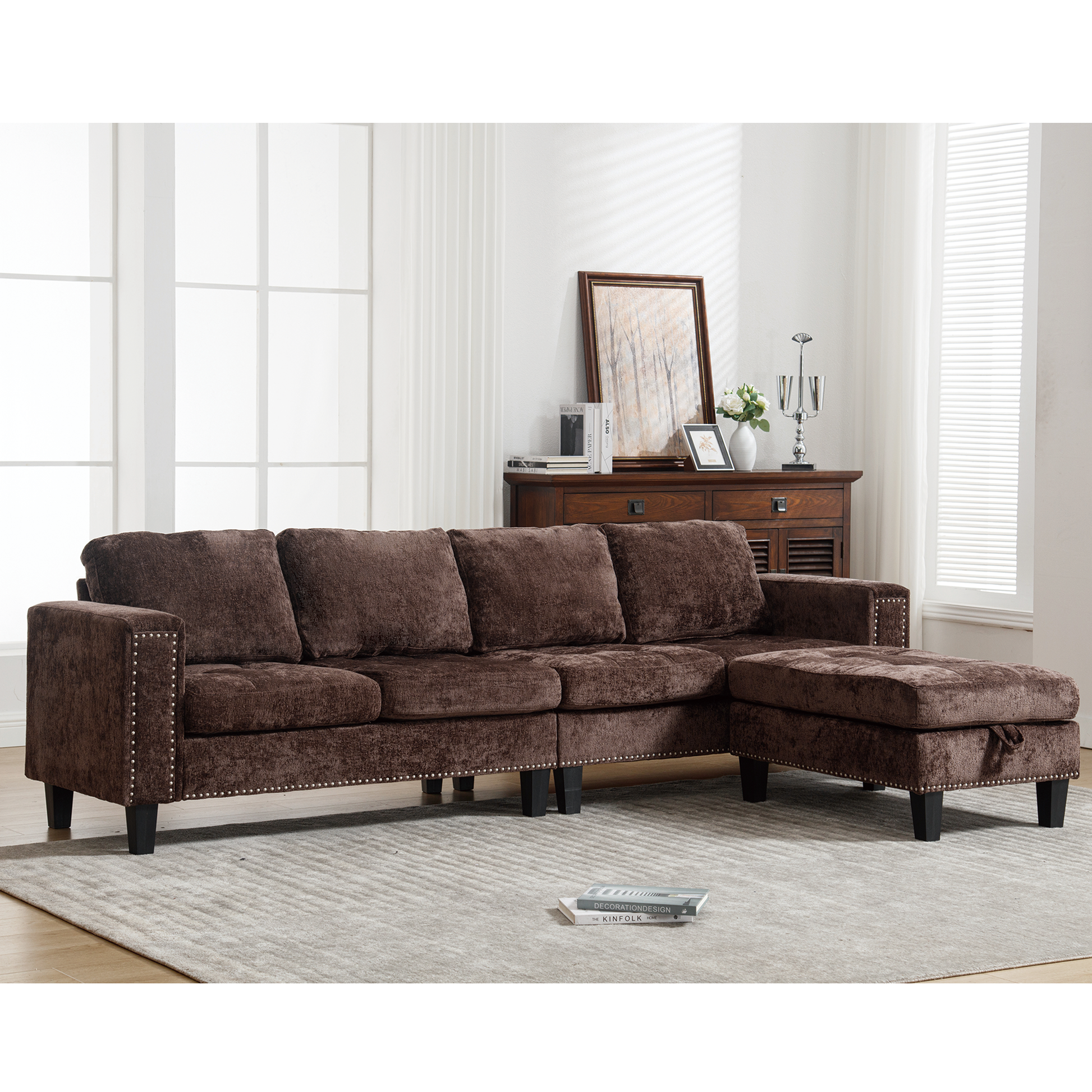 Arrived 5 Seat Modular Sofa,With Storage Ottoman, Convertible Sectional Sofa, L Shaped Couchreversible Chaise ,Riveted Sofa,Chenille, Brown Brown Polyester Wood Primary Living Space Medium Soft Cushion Back Modern Square Arms Foam Metal & Wood 5 Seat