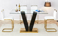 Table And Chair Set. A Rectangular Glass Dining Table With A 0.4 Inch Tempered Glass Tabletop And Mdf Board V Shaped Bracket, Paired With Chairs Consisting Of Pu Seat Cushions And Golden Metal Legs. White Black Seats 4 Tempered Glass