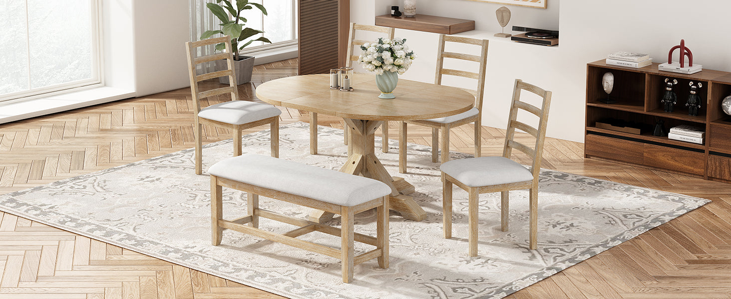 Farmhouse 6 Piece 60Inch Extendable Pedestal Dining Table Set With 18Inch Removable Leaf, 44Inch Bench And 4 Ladder Back Dining Chairs, Natural Wood Dining Room Solid Wood Rubberwood Oval Dining Table With Bench Wood Wood Natural Ladder Back Seats 6 60