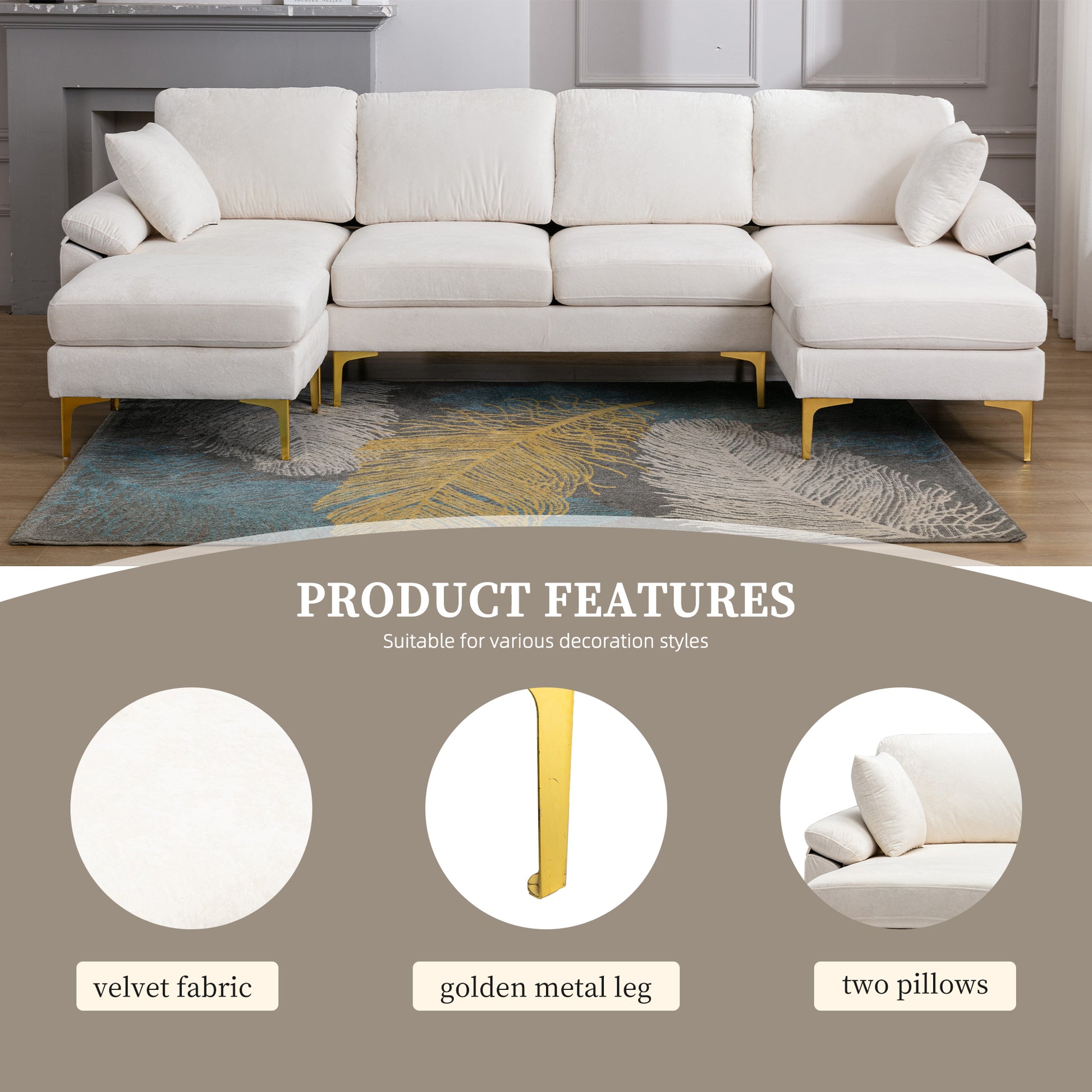 Coolmore U Shape Sectional Sofa With Ottomanreversible Sofa Couch For Living Room,Spacious Furniture,Durable Couch Removable And Machine Washable Cover White Teddy White Foam Velvet 4 Seat