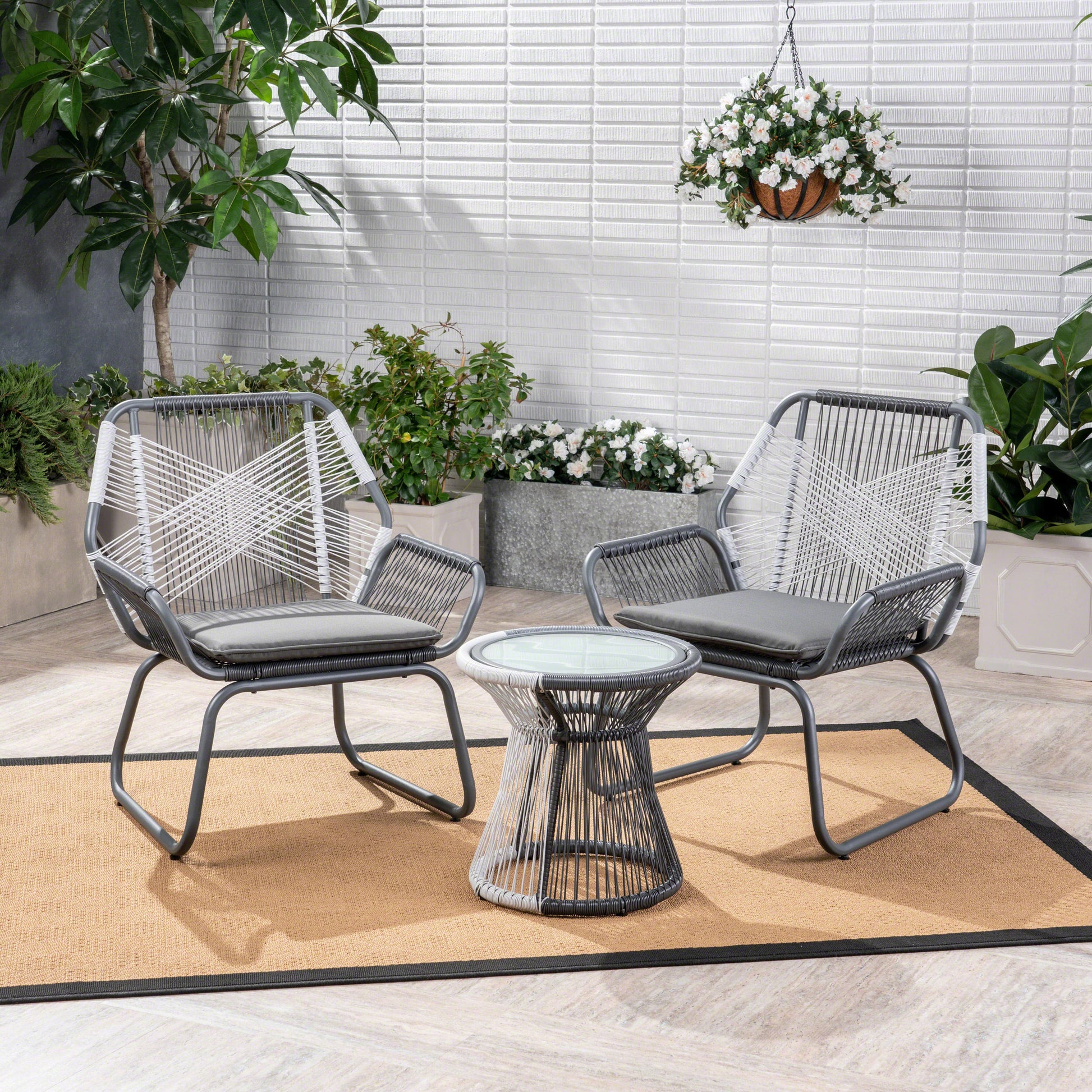 Milan 3Pc Chat Set Gray Pe Rattan Iron Waterproof Fabric