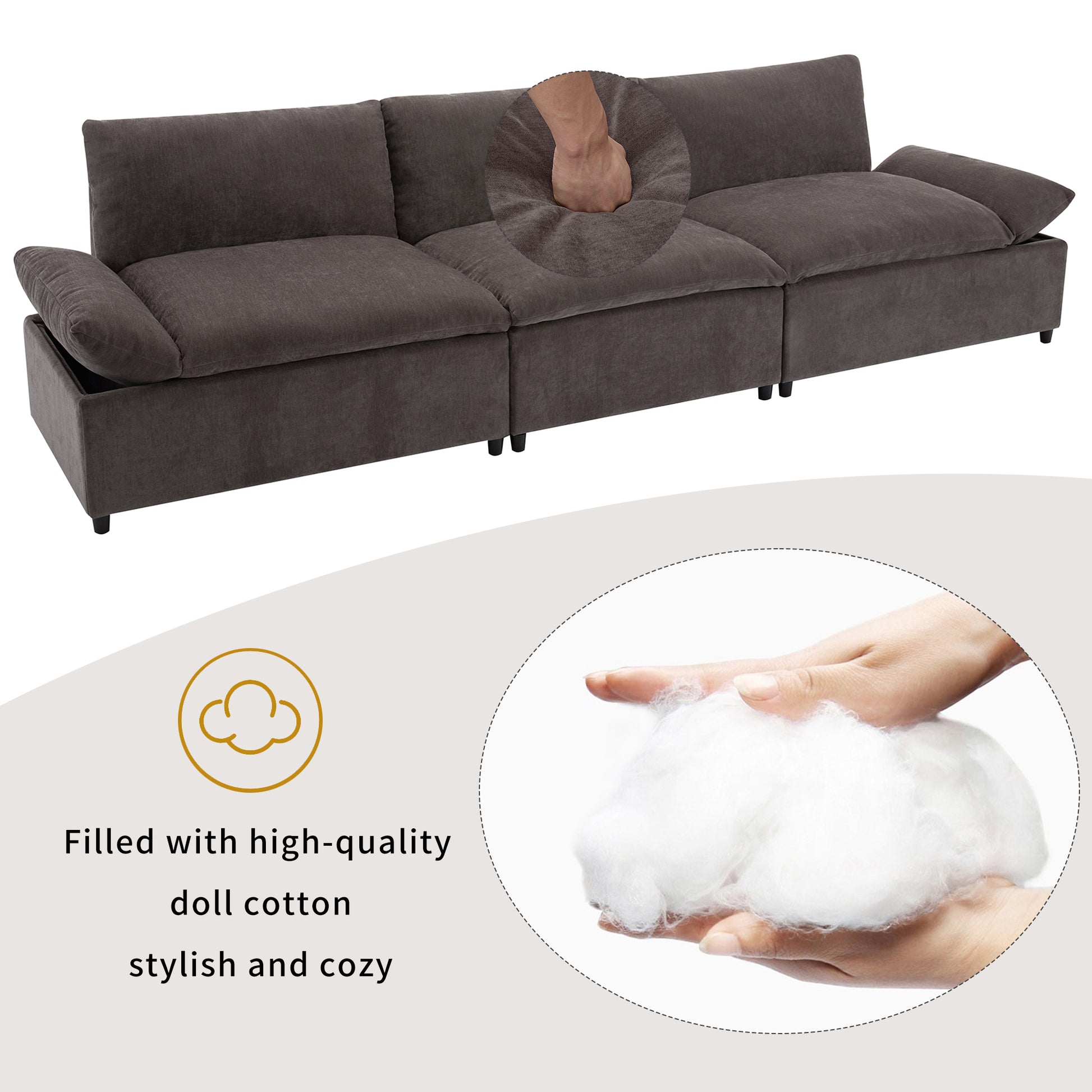 119.5'' 3 Seater Sofa With 2 Storage Unitsfor Living Room, Office, Apartment Gray Polyester 3 Seat