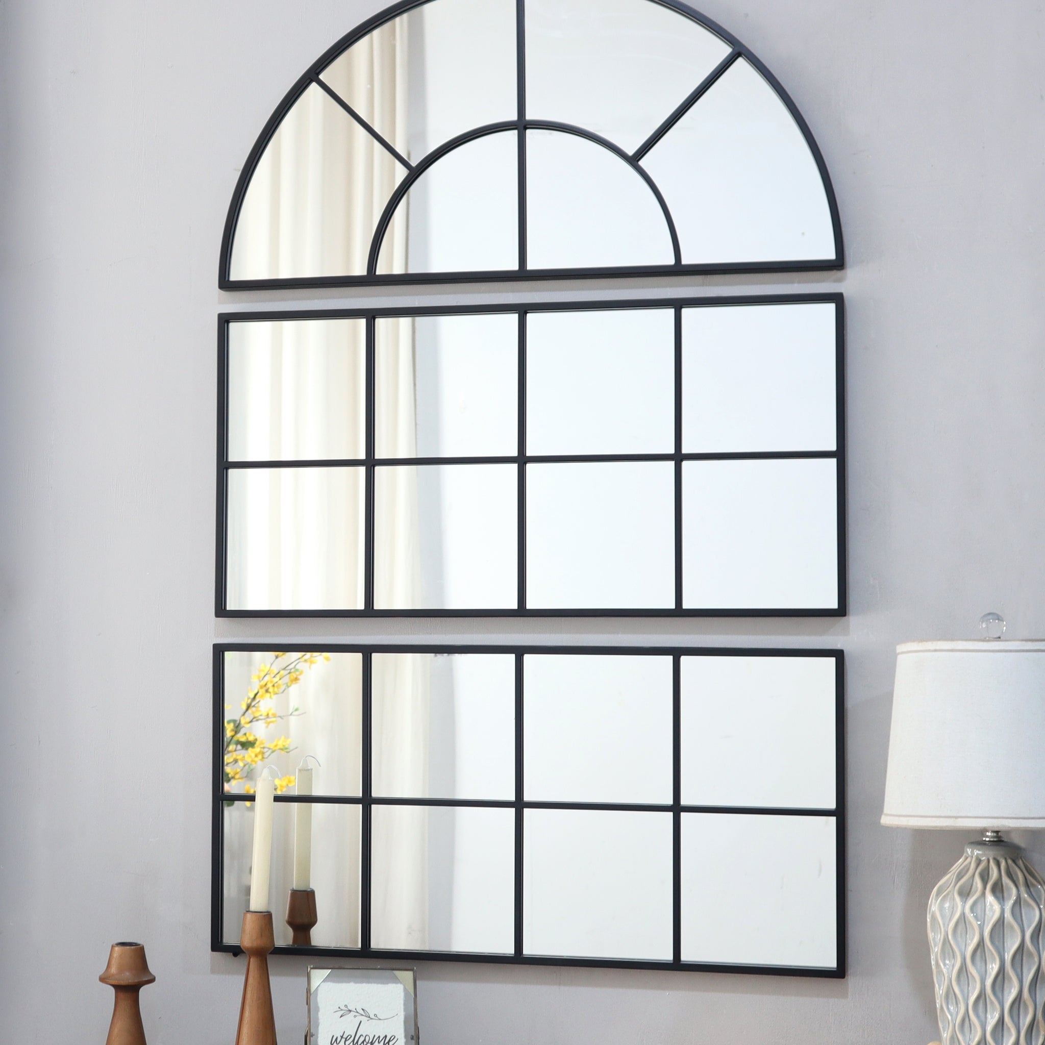 30" X 45" Large Arched Wall Mirror With Three Separate Sections Black Glass Metal