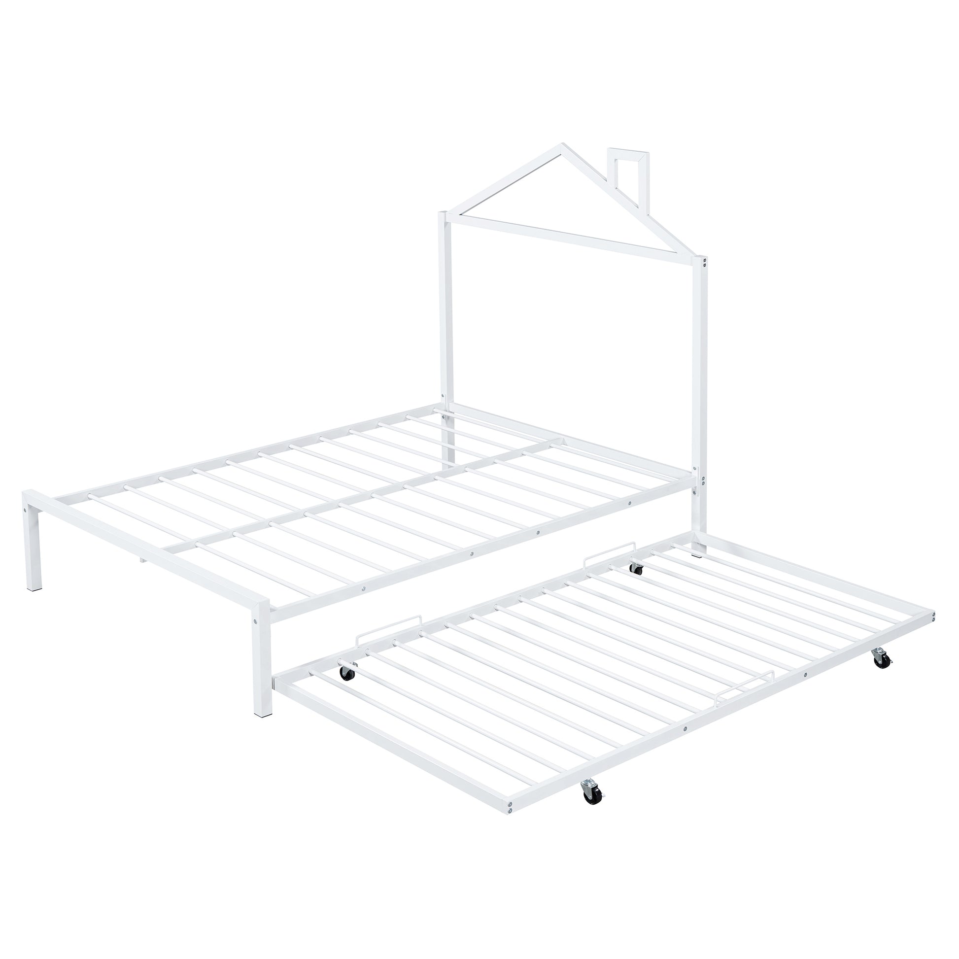 Full Size Metal Platform Bed With Twin Size Trundle,House Shaped Headboard Design, White Full White Metal