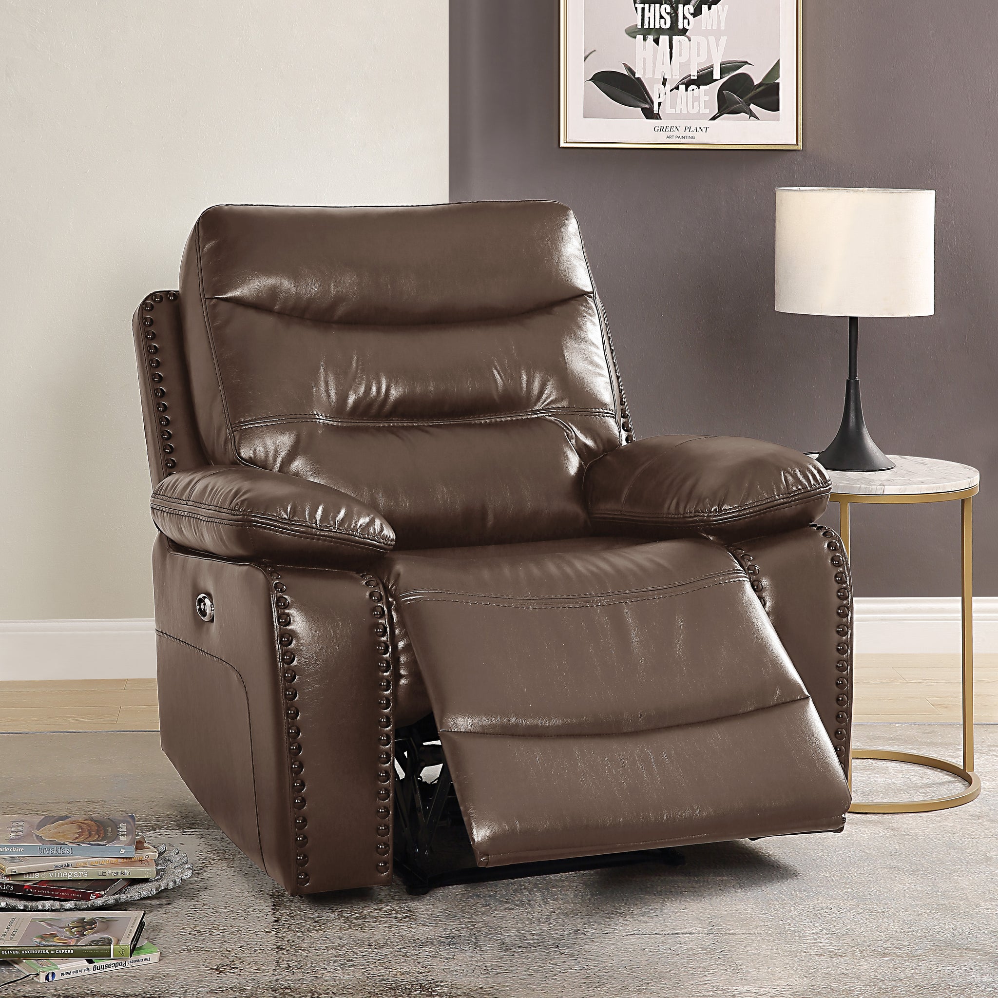 Brown Power Recliner With Pillow Top Arm Brown Genuine Leather Power Push Button Metal Primary Living Space Tight Back Push Button Pillow Top Arms Wood Fabric