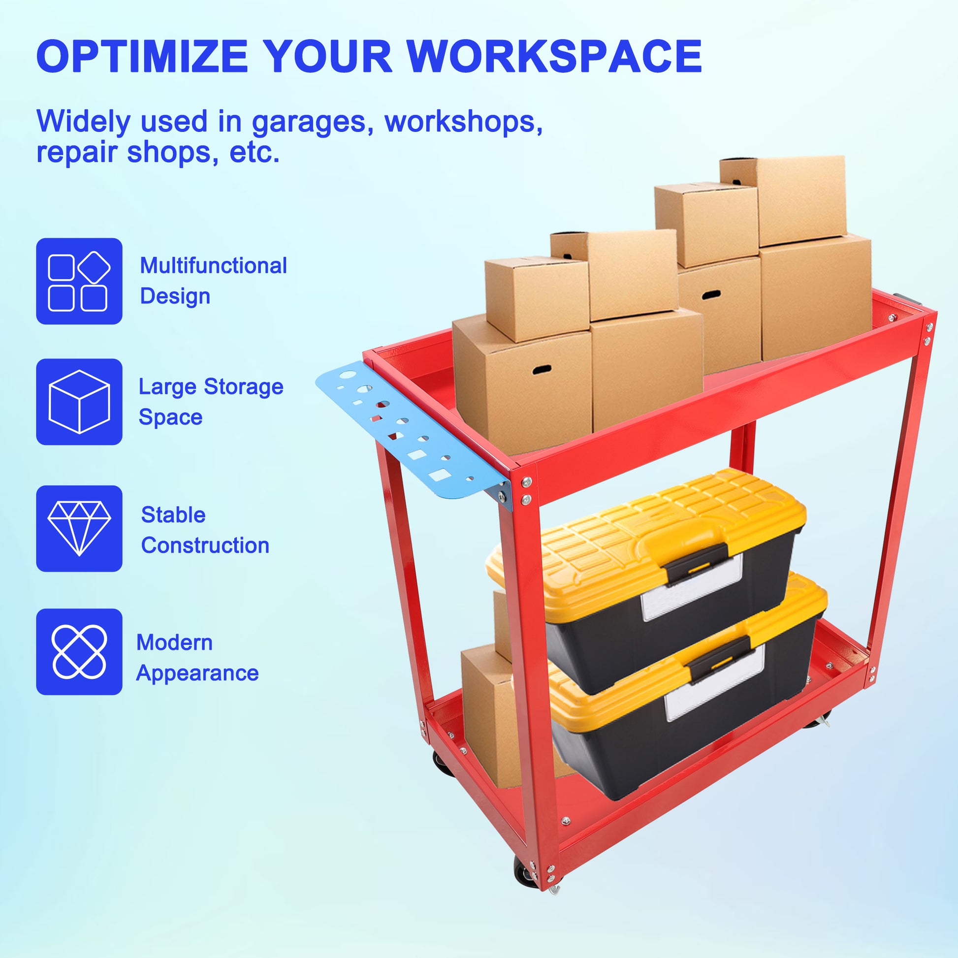 Tool Cart On Wheels, Heavy Duty Steel Utility Cart W Lockable Wheels, 400 Lbs Capacity Industrial Service Cart For Garage, Warehouse, Workshop Two Layer Bright Red Red Abs Steel Q235