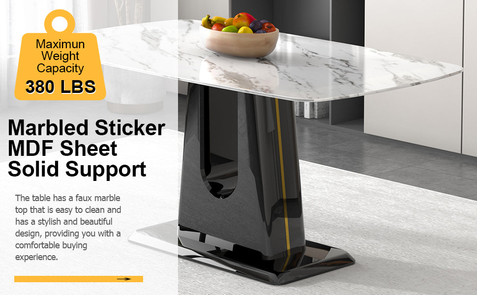 Table And Chair Set, Modern And Minimalist Dining Table, Imitation Marble Patterned Tabletop, Mdf Legs With U Shaped Brackets. Paired With Comfortable Chairs, Suitable For Dining And Living Rooms. Grey Black Mdf Glass