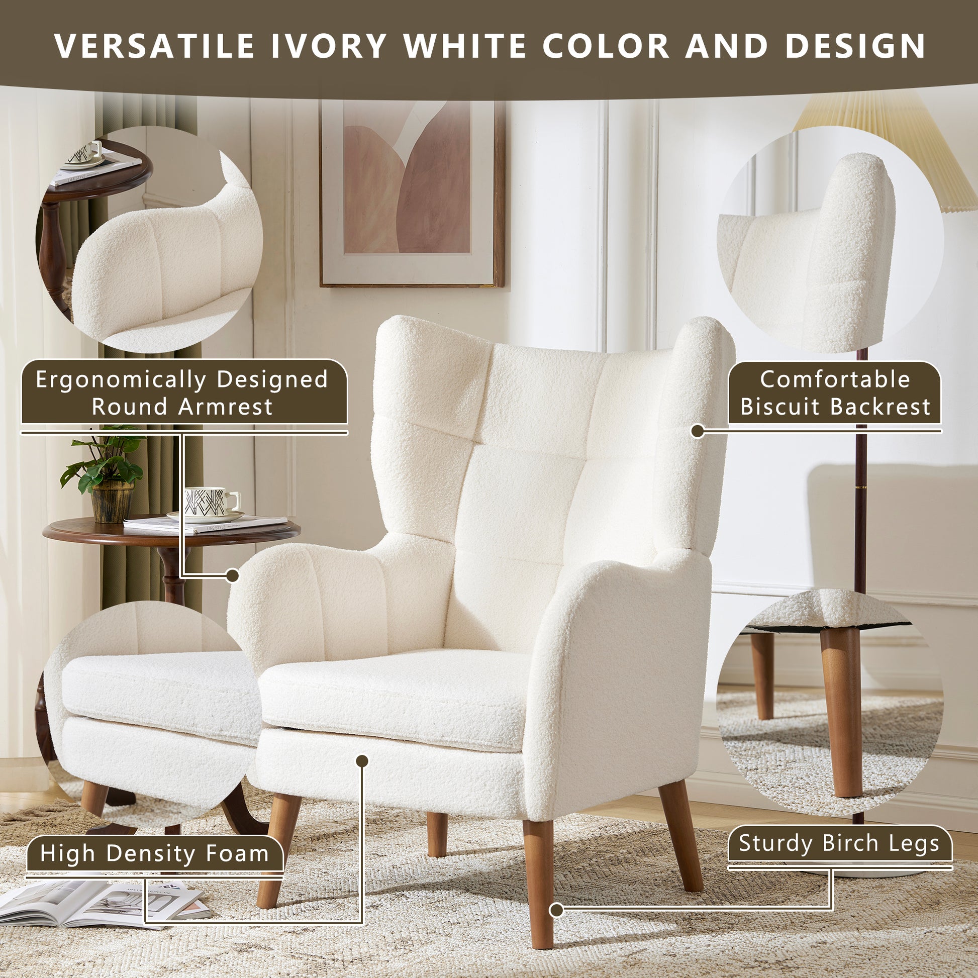 Mid Century Accent Chair, Ivory White, Modern Retro Lounge Armchair, Birch Frame, Upholstered Teddy Wool Fabric, Single Sofa Armchair For Small Spaces, Living Room, Bedroom, Reading Corner, Balcony Ivory White Espresso Primary Living Space