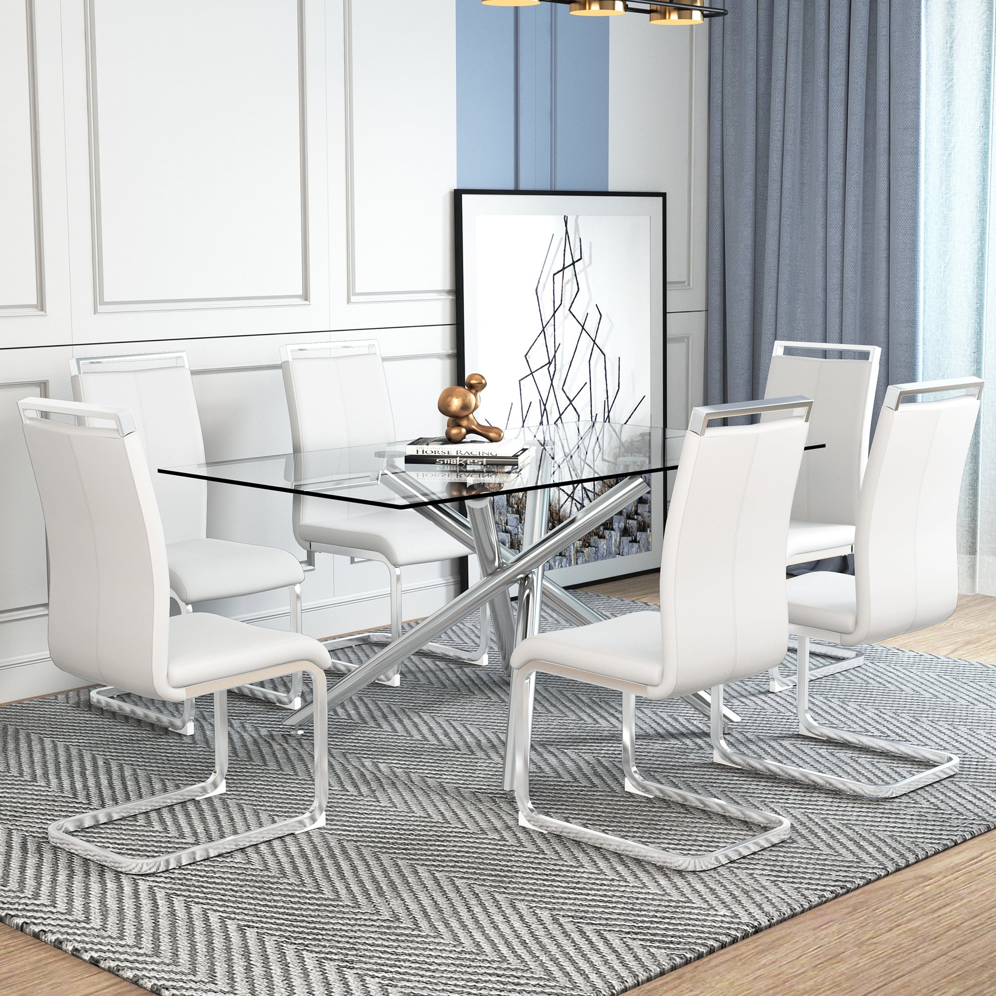 Table And Chair Set.Modern Luxurious Transparent Tempered Glass Dining Table Set.Paried With 6 Chairs With Pu Cushion And Silver C Tube Metal Legs. Transparent,White Seats 6 Glass Metal