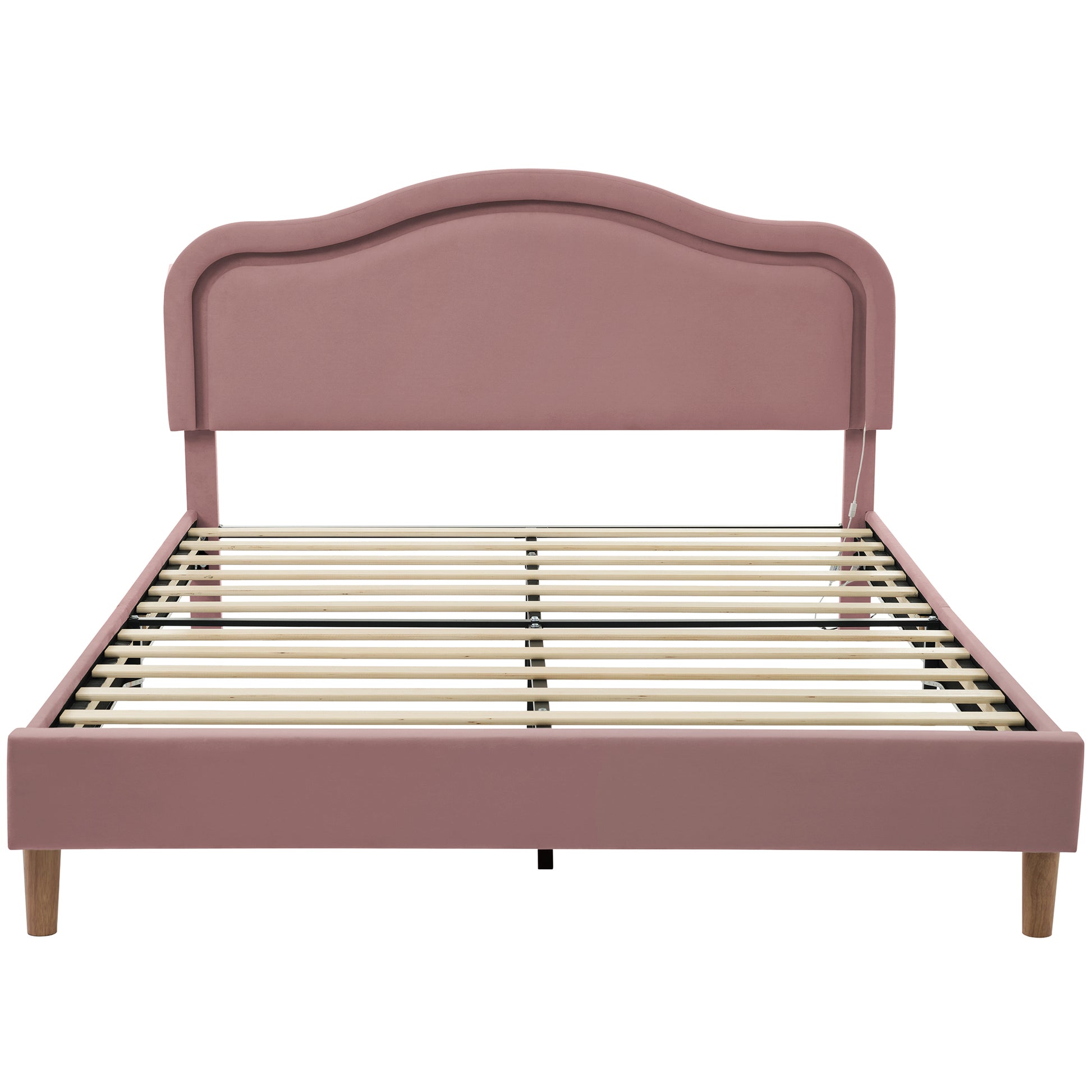 Queen Size Velvet Upholstered Smart Led Bed Frame With Adjustable Height Headboard,No Box Spring Needed,Easy Assembly,Pink Box Spring Not Required Queen Pink Wood Bedroom Cute,Modern Bed Frame Wood