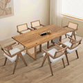 86.61 Inch Oversize Rectangular Waves Dining Table,Wooden Dining Table For 6 Persons,Mid Century Modern Large Kitchen Table For Living Room,Bohemian Dining Table With Rattan Weave For Restaurant Oak