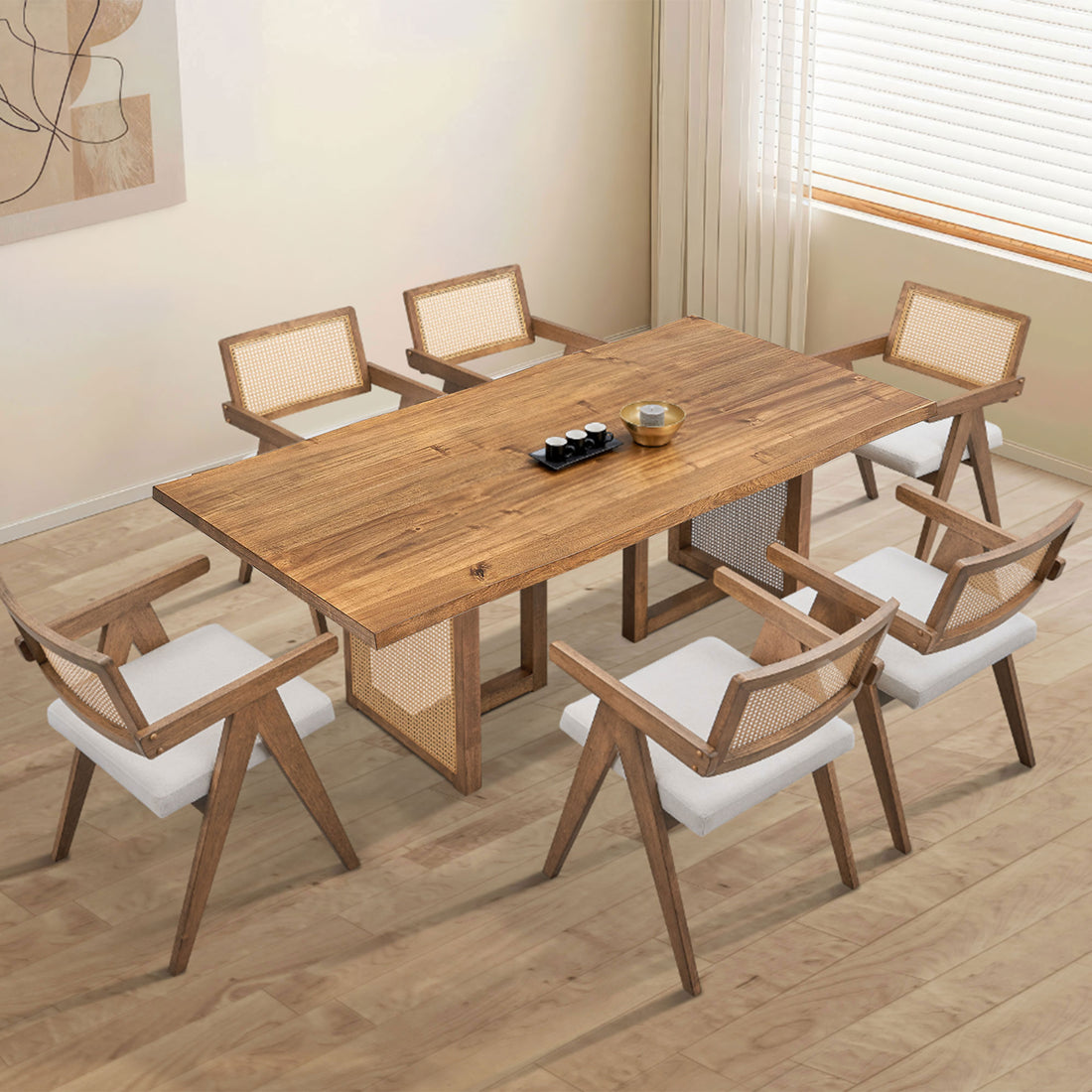 86.61 Inch Oversize Rectangular Waves Dining Table Set,7 Pcs Wooden Dining Table And Chairs,Mid Century Modern Large Kitchen Set For Living Room,Bohemian Dining Table With Rattan Weave For