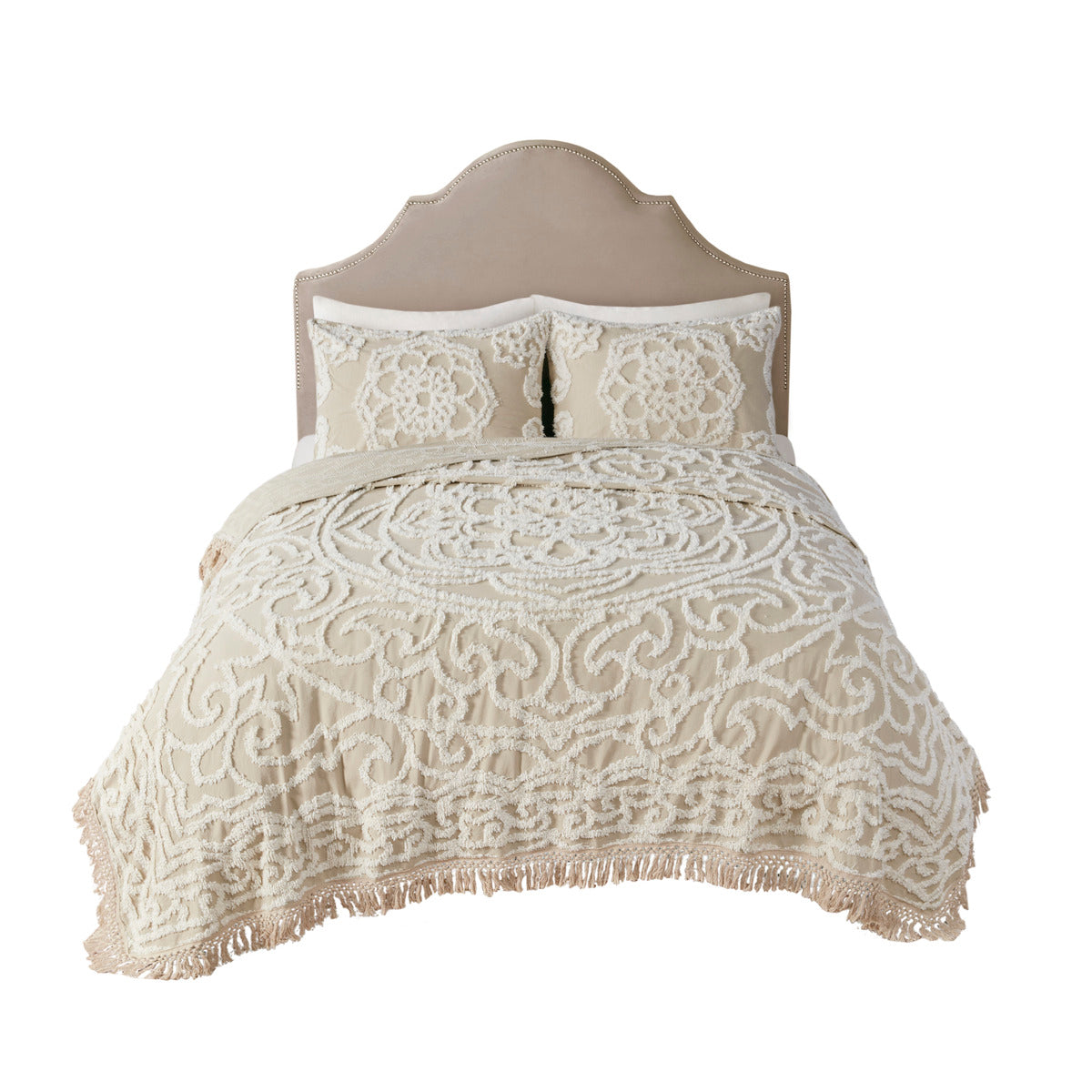 Tufted Cotton Chenille Medallion Fringe Coverlet Mini Set Taupe Full Queen Full Taupe Cotton