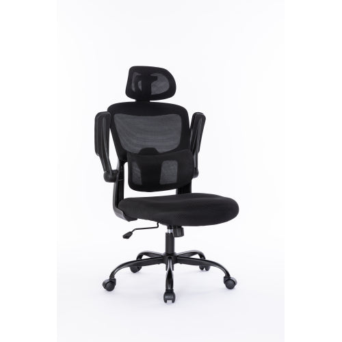 Ergonomic Mesh Office Chair With 3D Adjustable Lumbar Support, High Back Desk Chair With Flip Up Arms, Executive Computer Chair Home Office Task Swivel Rolling Chairs For Adults Cushion Metal Solid Black Office Sponge Dry Clean Round Handle Office Chairs