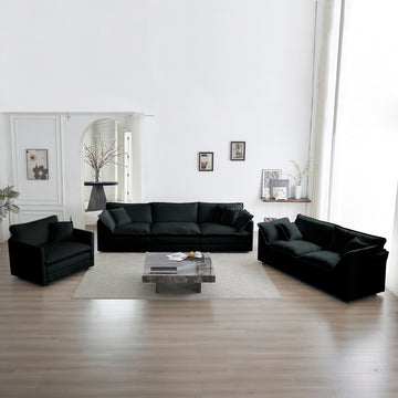 Modern Sofa Couch, 3 Piece Set Extra Deep Seat Sectional Sofa For Living Room, Oversized Sofa, 3 Seat Sofa, Loveseat And Single Sofa, Black Chenille Green Chenille 6 Seat