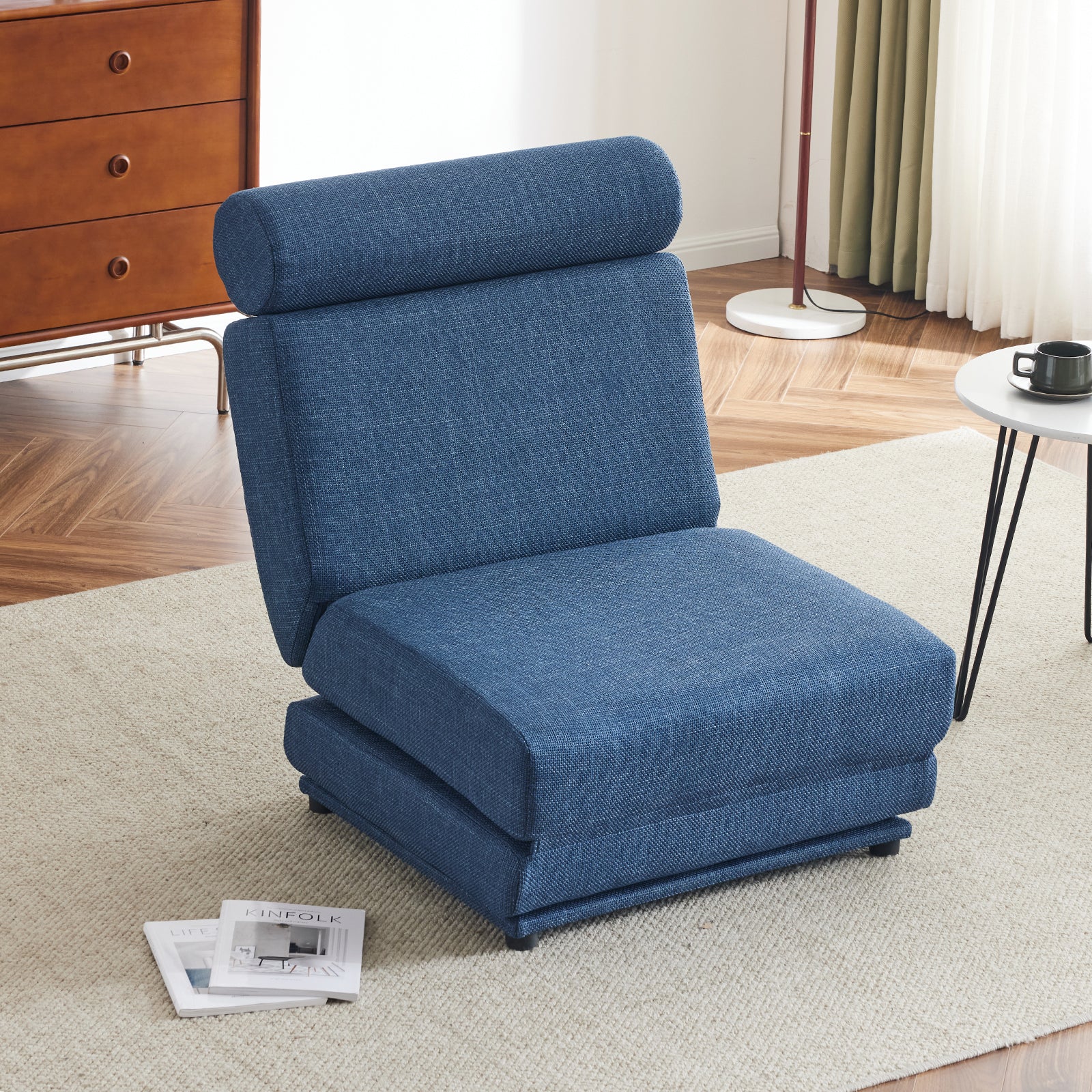Single Sofa Chair Foldable Single Sofa Bed With Pillow,Portable Foldable Sofa Bed,Leisure Sofa Chair,Easy To Store,Made Ofand Wearable Linen Blue Modern Foam Linen