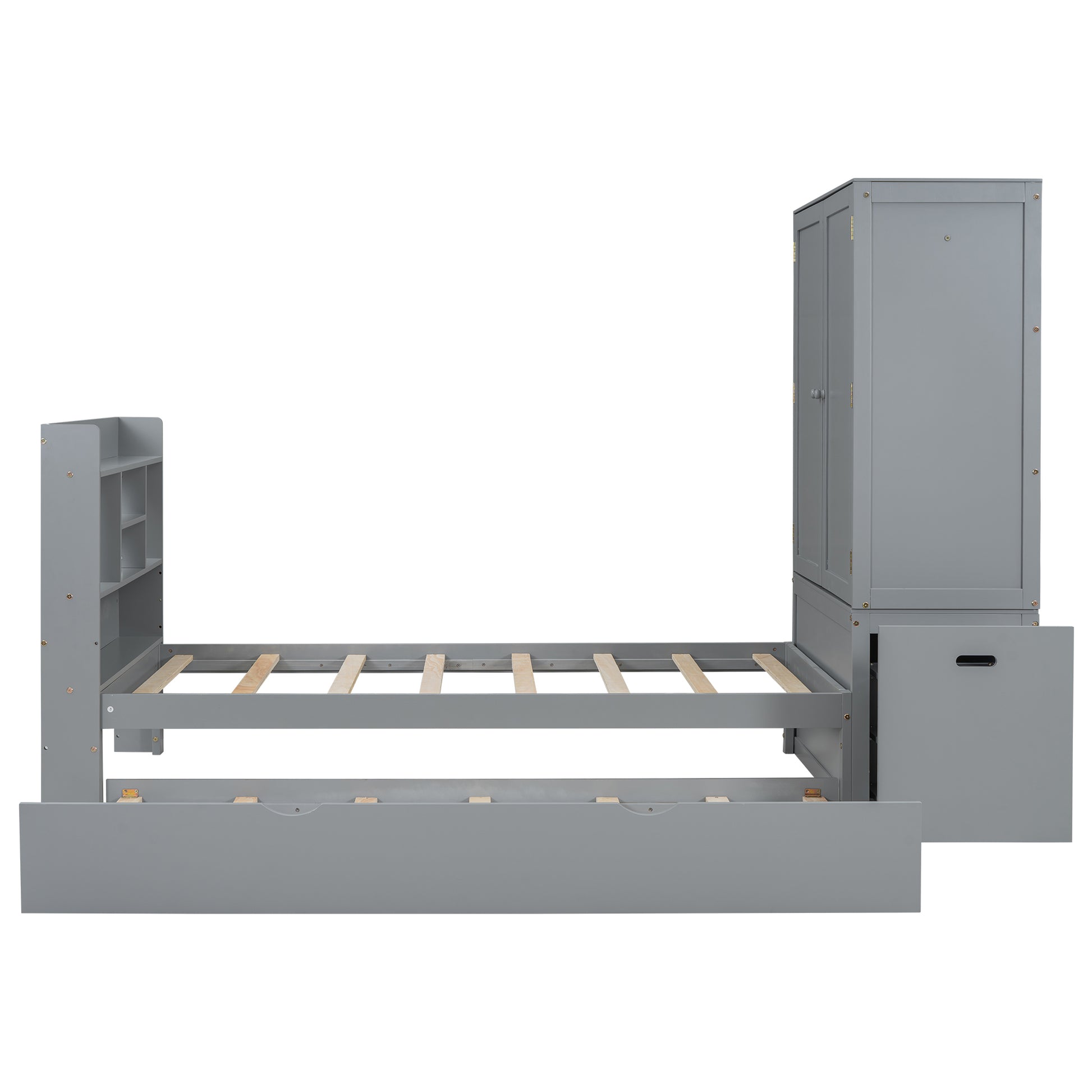 Twin Size Platform Bed With Storage Headboard And Footboard, Pull Out Shelves And Twin Size Trundle, Gray Box Spring Not Required Twin Gray Wood Bedroom Bed Frame Solid Wood Mdf