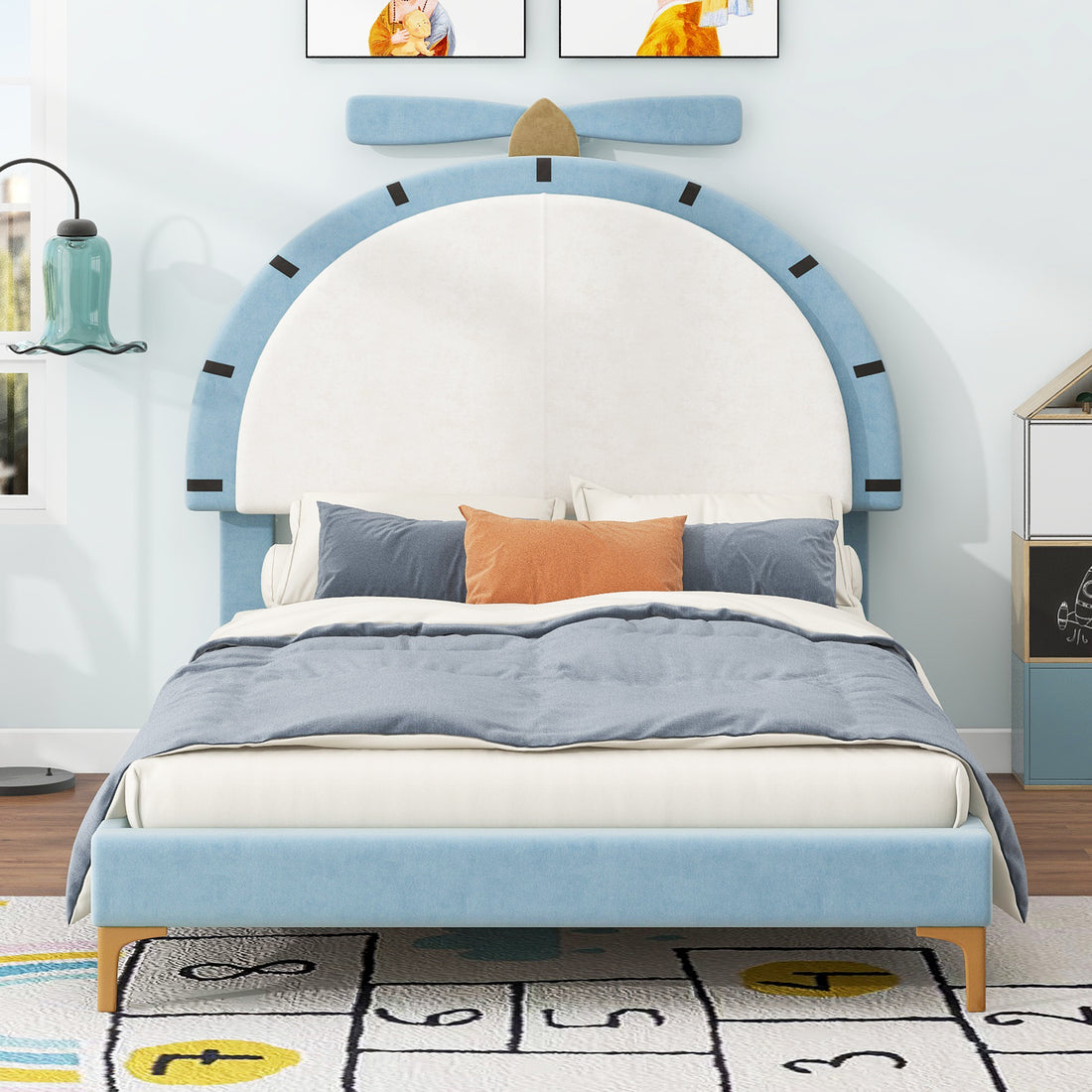 Twin Size Upholstered Platform Bed With Alarm Clock Shaped Headboard, Blue Box Spring Not Required Twin Blue Wood Bedroom Bed Frame Velvet Upholstered