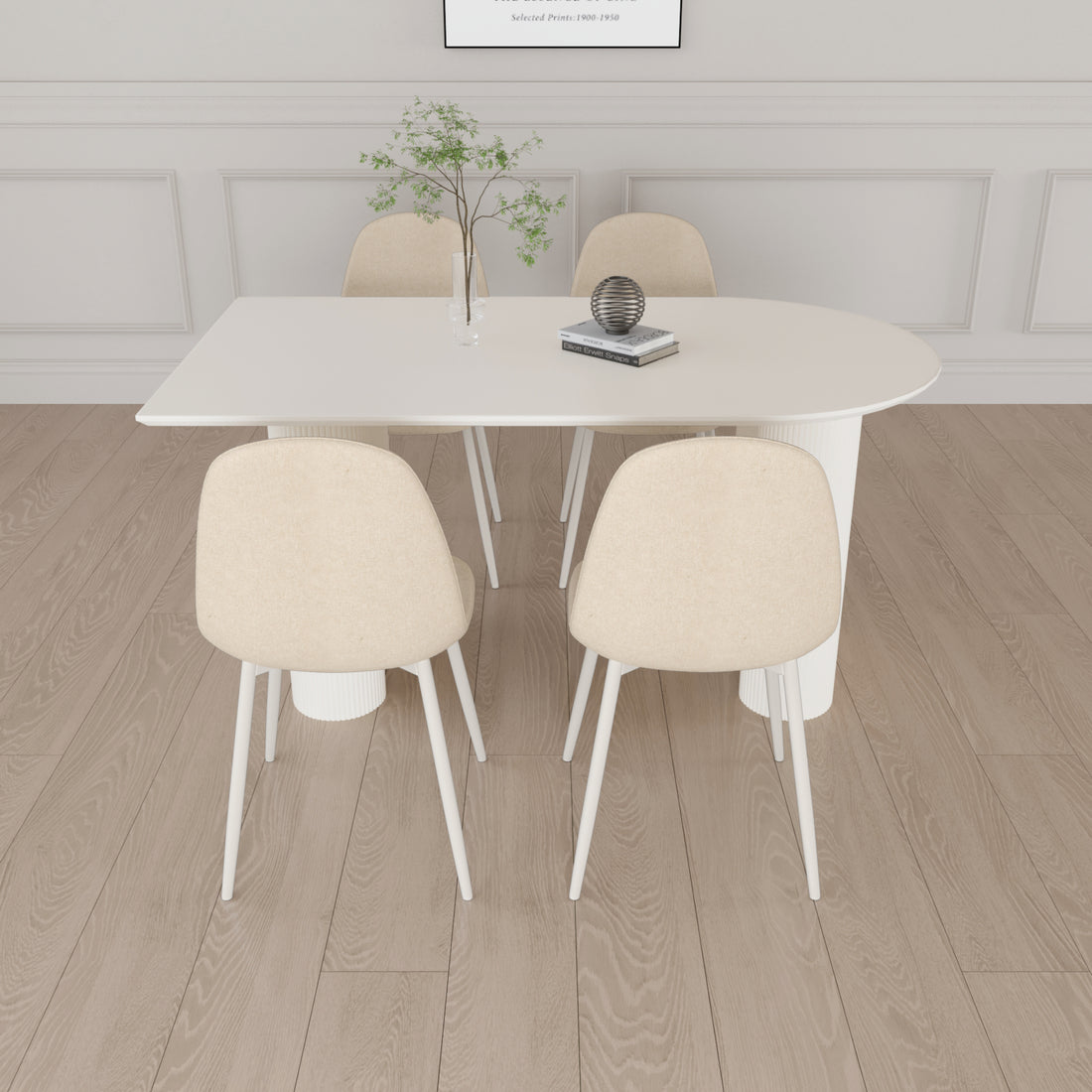 63 "Mdf Cream Style Coffee Table And Modern Dining Chair 4 Piece Set, Modern Fashion Kitchen Table Set, Round Wave Table Legs, Dining Table And Linen Chair Beige White Mdf