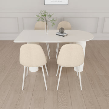 63 "Mdf Cream Style Coffee Table And Modern Dining Chair 4 Piece Set, Modern Fashion Kitchen Table Set, Round Wave Table Legs, Dining Table And Linen Chair Beige White Mdf