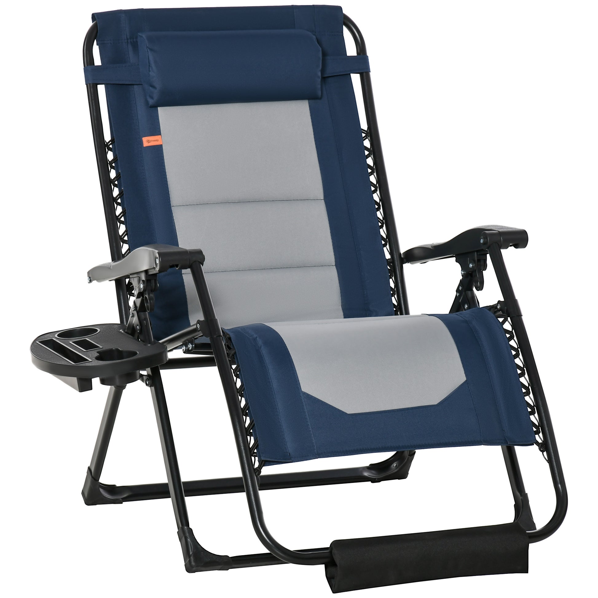 Outsunny Foldable Outdoor Lounge Chair With Footrest, Oversized Padded Zero Gravity Lounge Chair With Headrest, Side Tray, Cup Holders, Armrests For Camping, Lawn, Garden, Blue Blue Steel