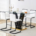 Table And Chair Set. A Rectangular Glass Dining Table With A 0.4 Inch Tempered Glass Tabletop And Mdf Board V Shaped Bracket, Paired With Chairs Consisting Of Pu Seat Cushions And Black Metal Legs. White Black Seats 4 Tempered Glass