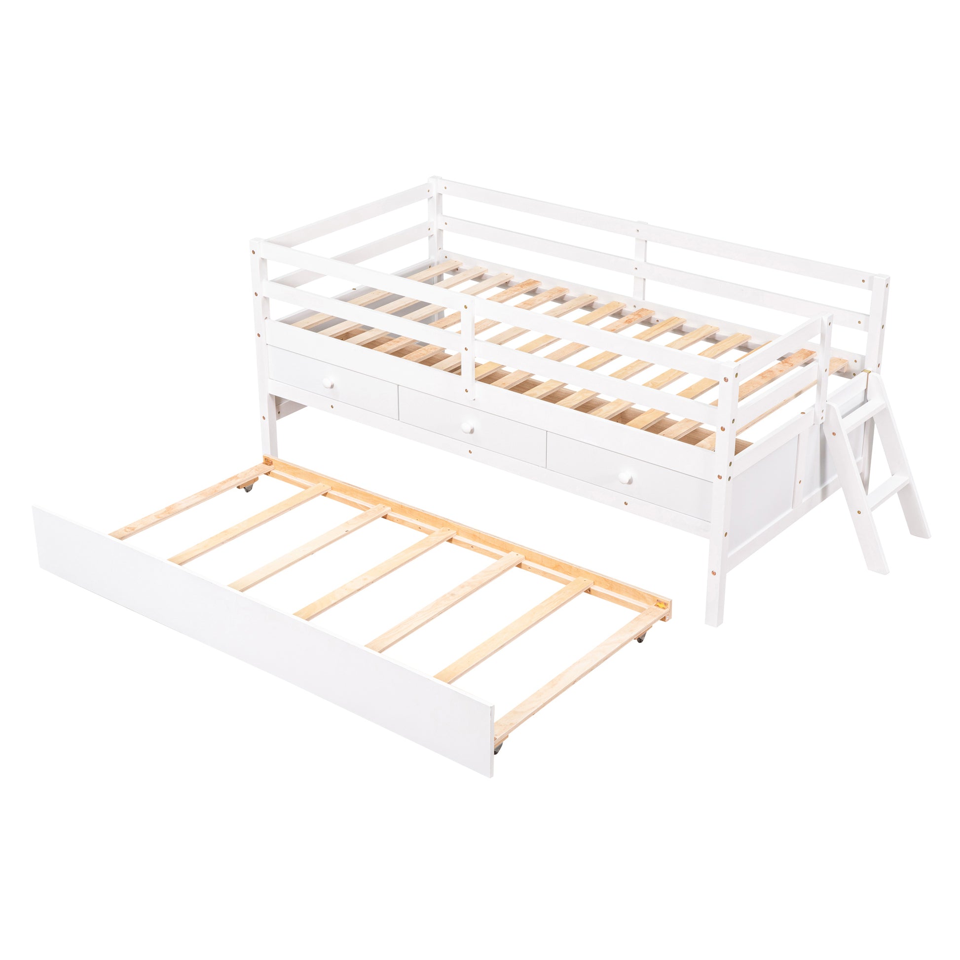 Low Loft Bed Twin Size With Full Safety Fence, Climbing Ladder, Storage Drawers And Trundle White Solid Wood Bed White Solid Wood