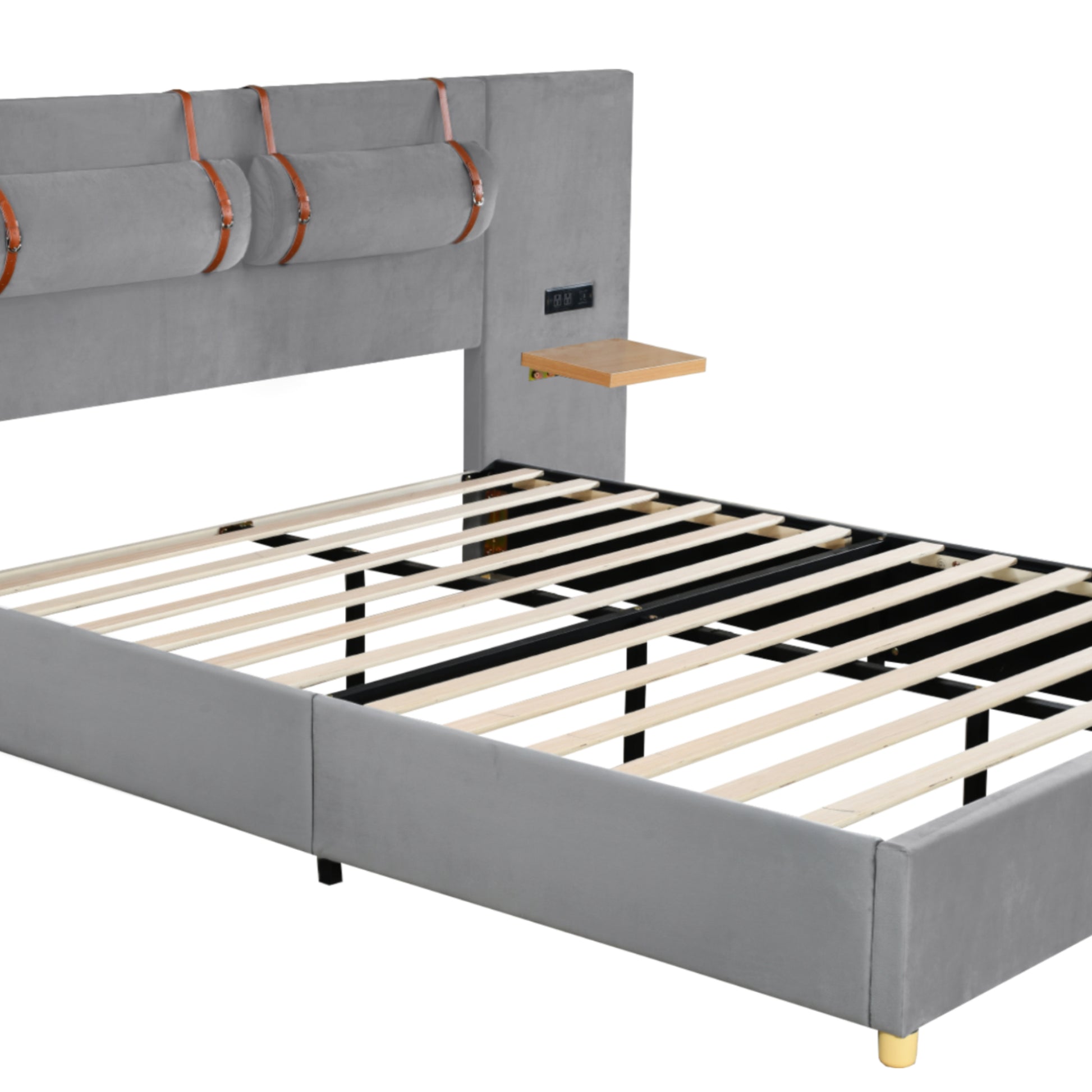 Queen Upholstered Platform Bed, Two Outlets And Usb Charging Ports On Both Sides, Two Bedside Pillows, Storage Shelves, Velvet,Gray Queen Gray Mdf Lvl