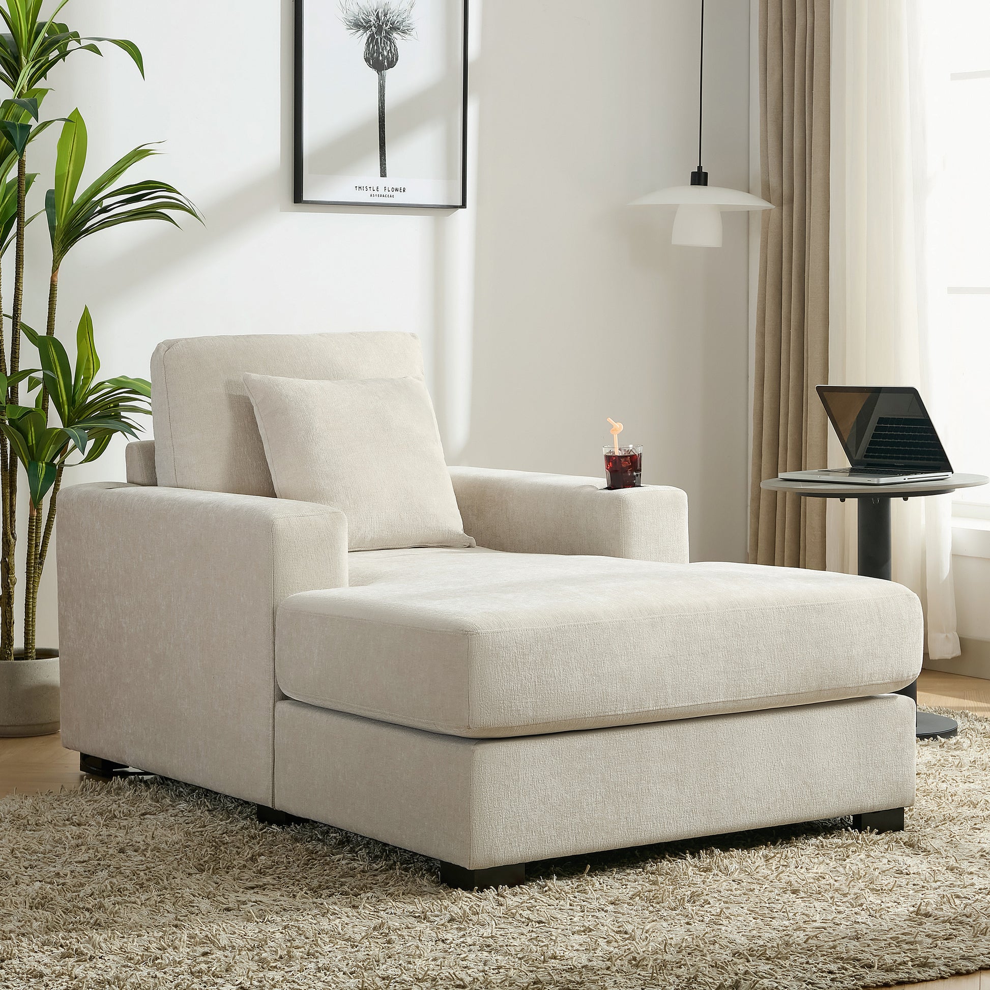 39.7" Oversized Chaise Lounger Modern Style Sofa Couch ,With Pillows, Charge Station & Cup Holders, Chenille Fabric, Cream Cream Chenille