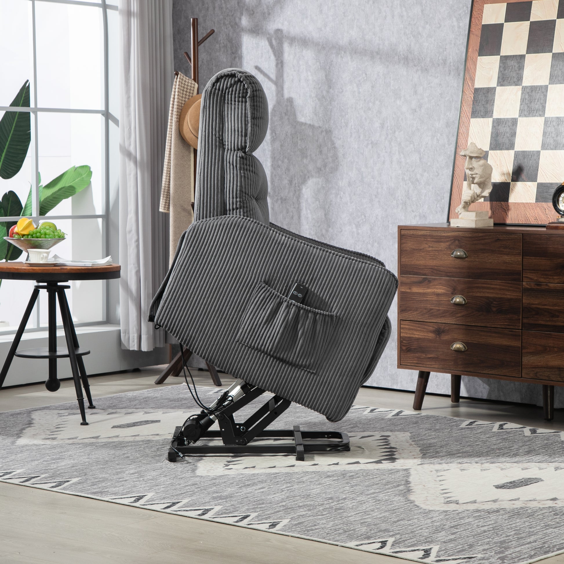 Coolmore Recliner Chair, Electric Recliner Chairs For Adults, Side Pocket Power Reclining Chair Pocket Springs Seat Cushion, Corduroy Fabric Recliner Sofa For Living Room, Bedroom, Home Theater Dg Dark Gray Foam Corduroy