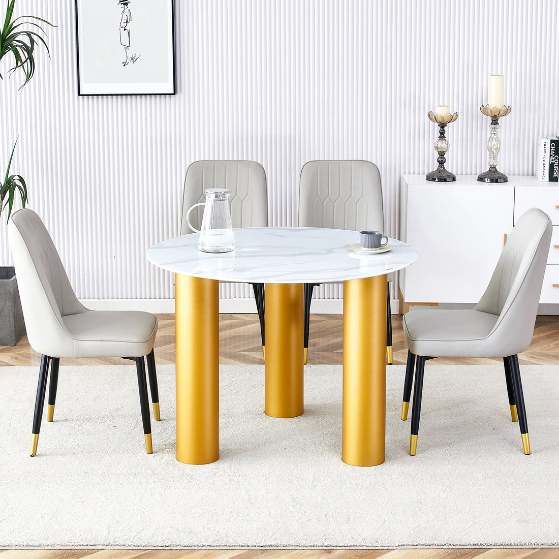 Table And Chair Set, Round Table With White Marble Pattern, Gold Mdf Table Legs, Soft And Comfortable Dining Chair, Suitable For Kitchen And Living Room White Seats 4 Mdf