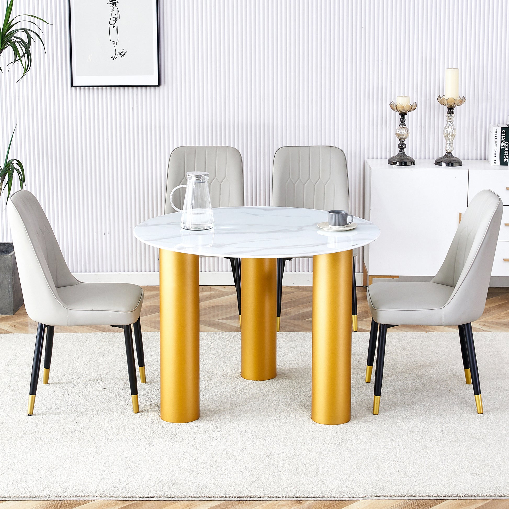 Table And Chair Set, Round Table With White Marble Pattern, Gold Mdf Table Legs, Soft And Comfortable Dining Chair, Suitable For Kitchen And Living Room White Seats 4 Mdf