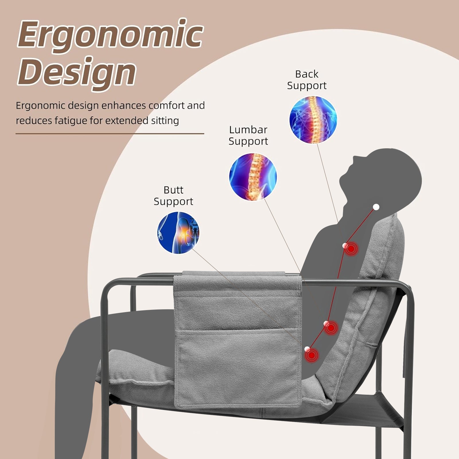 2 Sets 1 Case, Upholstered Hanging Armchair With Arm Pocket Metal Frame, Crushed Foamcushions And Skin Friendly Braid For Living Room And Bedroom. Grey Color Grey Foam Polyester