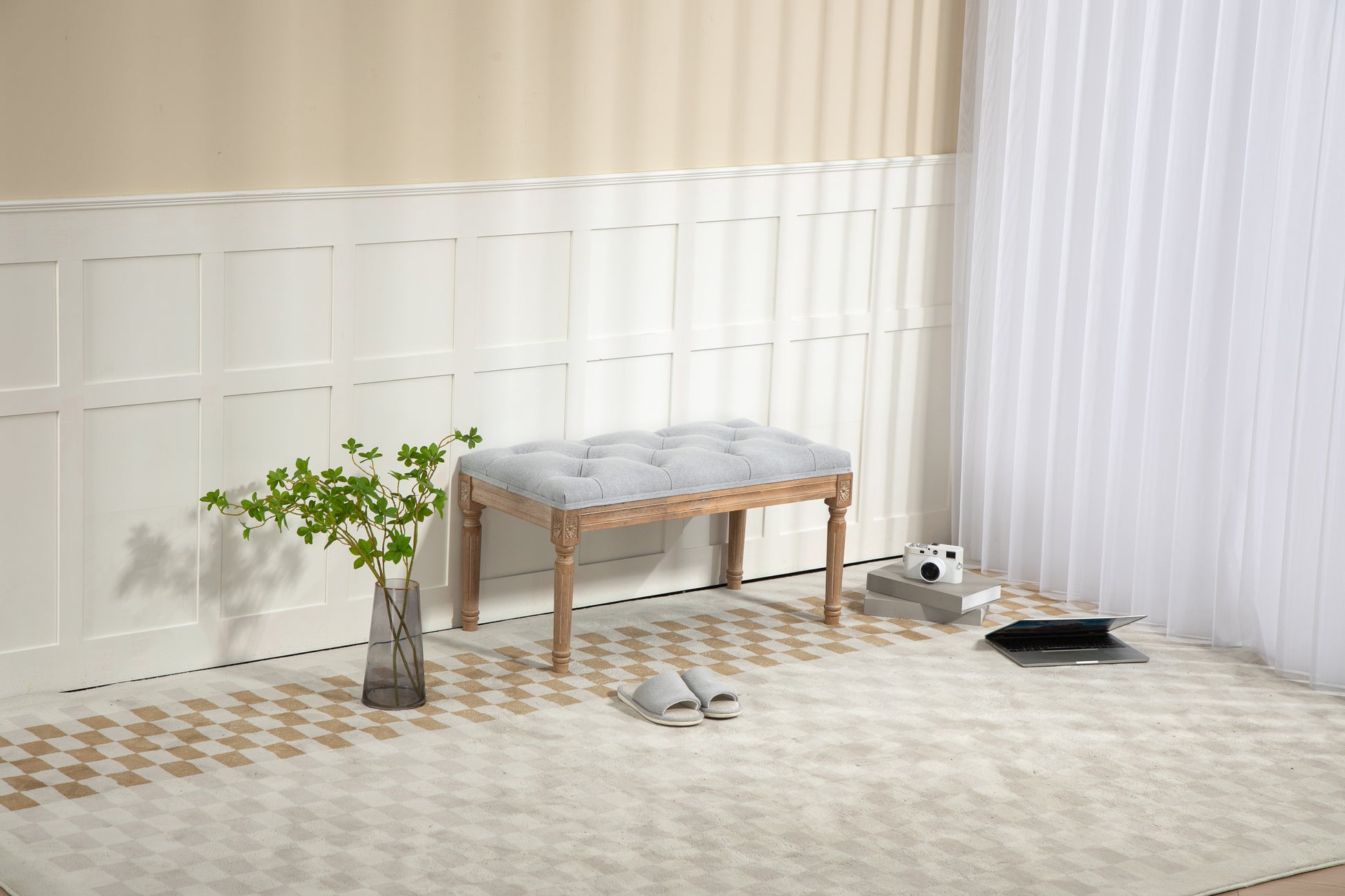 32"Inch French Vintage Bedroom Bench Upholstered Dining Benches, Fabric End Of Bed Bench For Bedroom Dining Room Living Room Entryway Light Gray Light Gray Rubber Wood