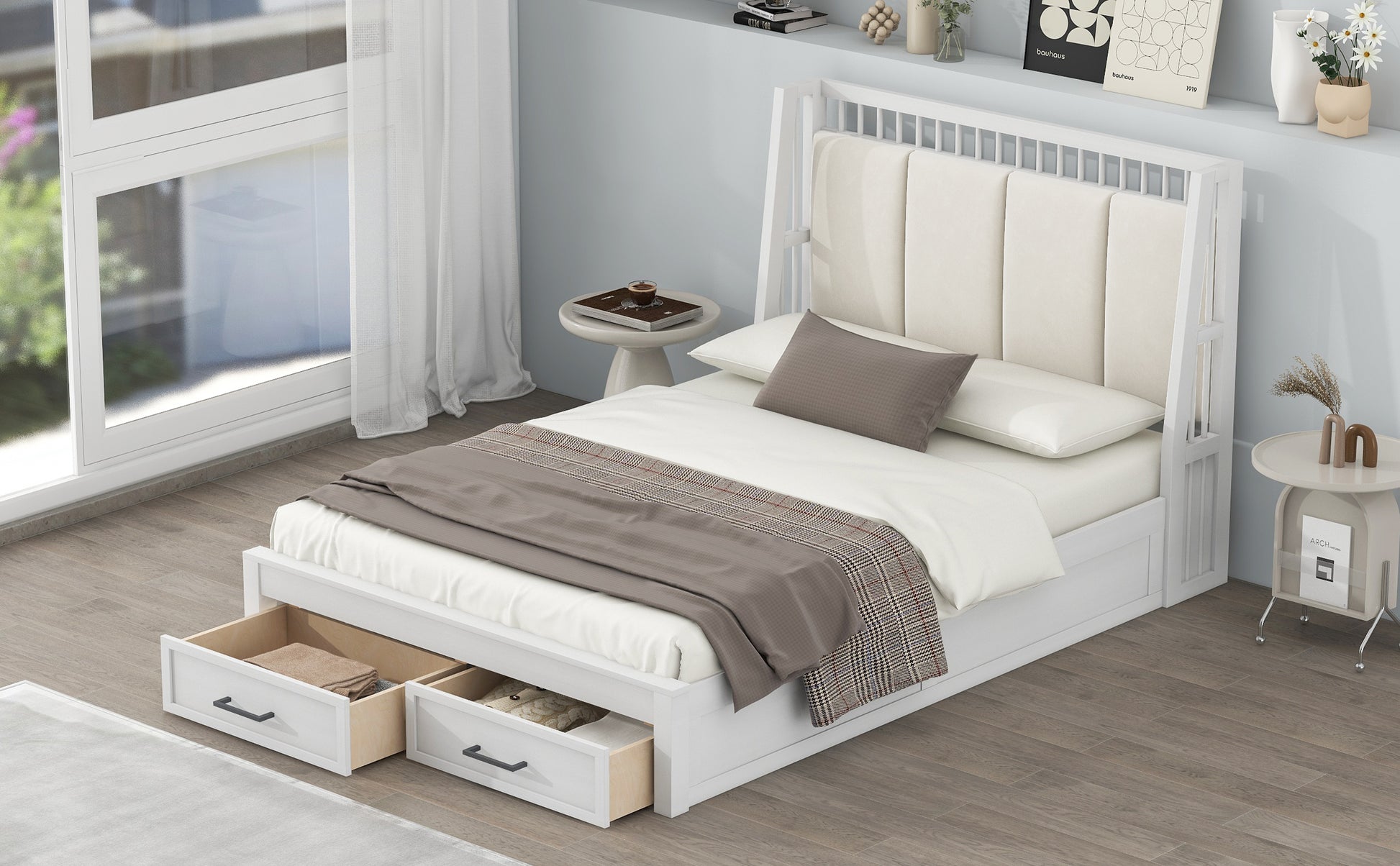 Full Size Wood Platform Bed With Upholstered Headboard And 2 Drawers, White Box Spring Not Required Full White Wood Bed Frame Solid Wood Mdf