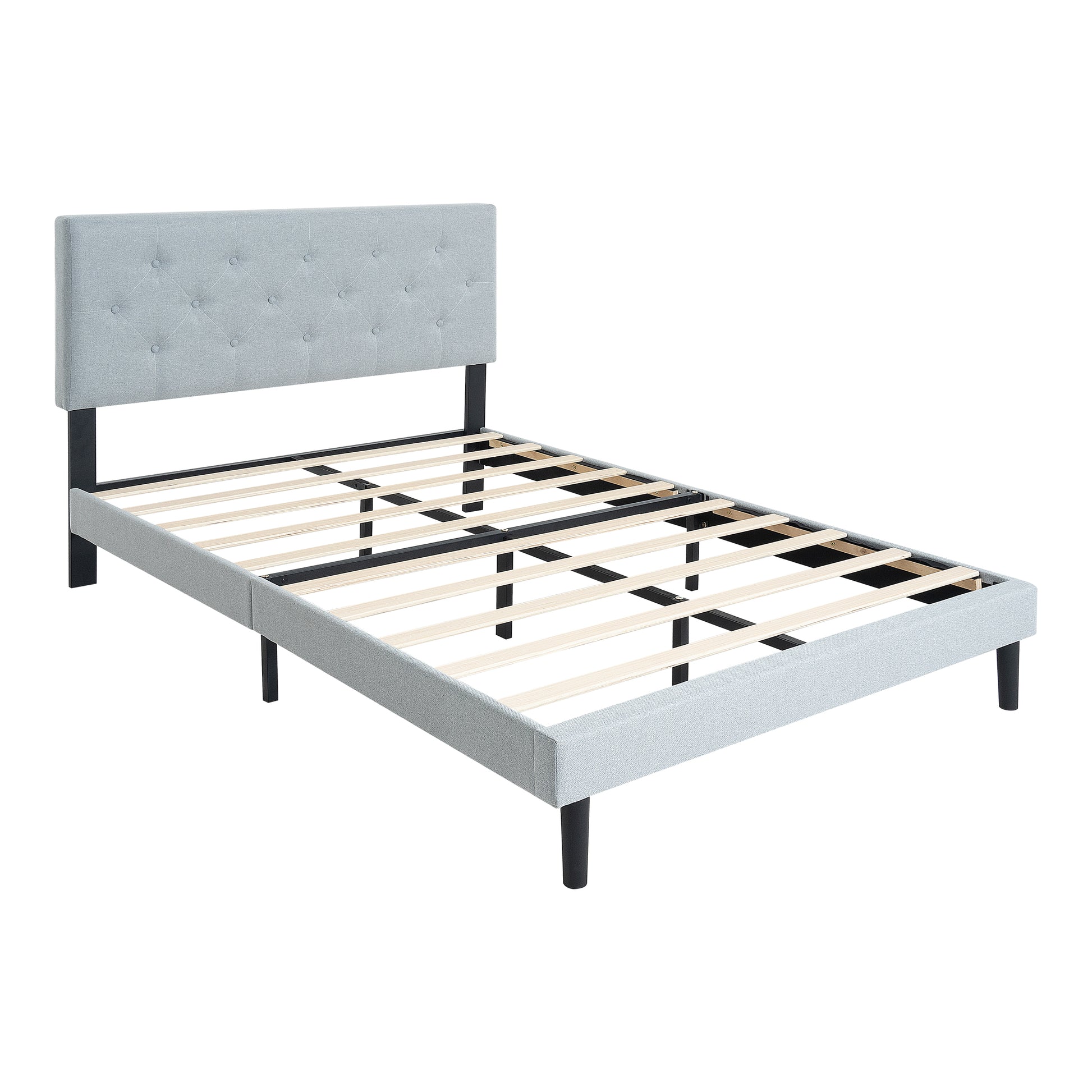 Queen Size Upholstered Platform Bed Frame With Modern Button Tufted Linen Fabric Headboard, No Box Spring Needed, Wood Slat Support, Easy Assembly, Grey Queen Light Grey Linen