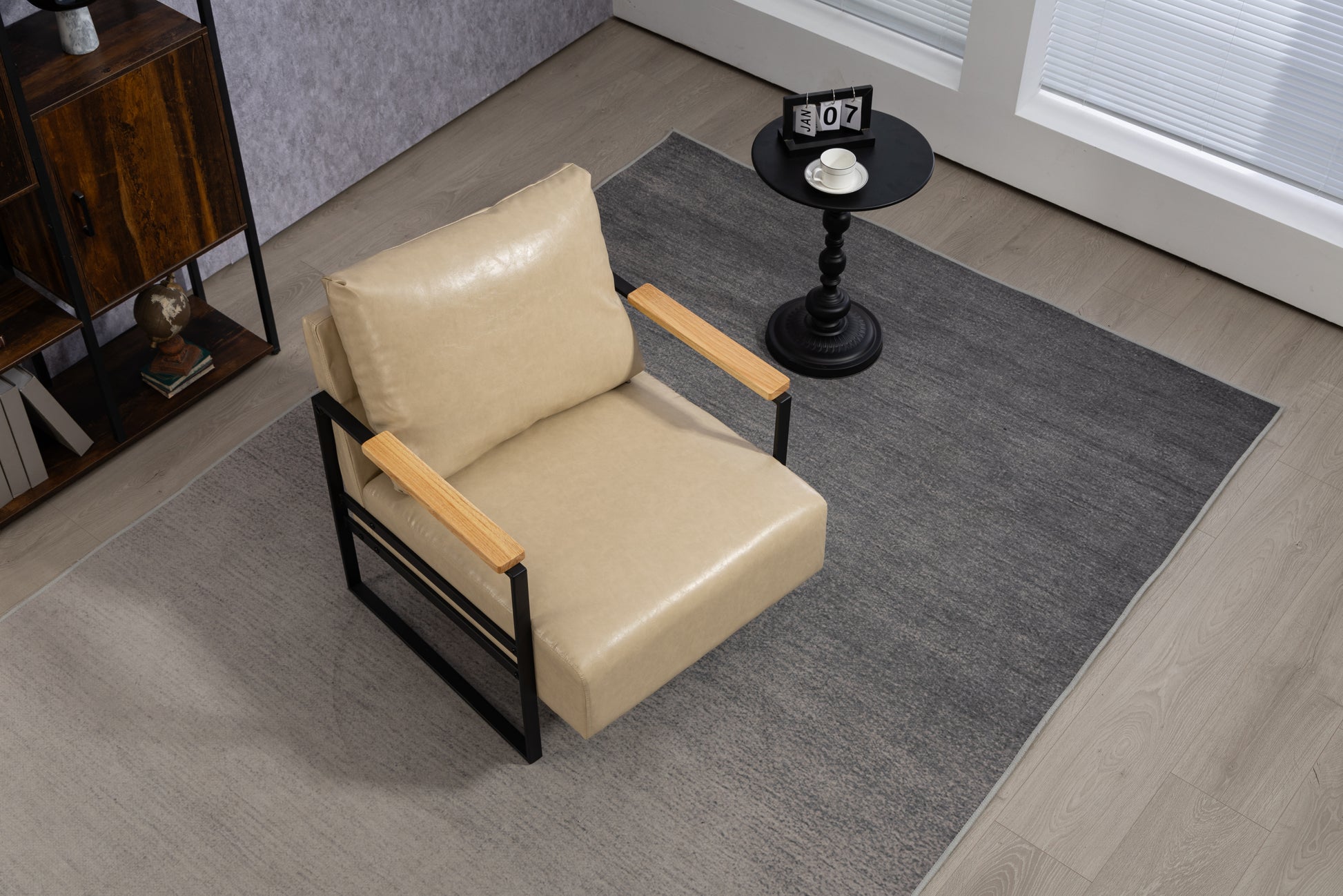 Leather Accent Chair Guest Chair For Living Room, Mid Century Armchair For Bedroom Khaki Pu