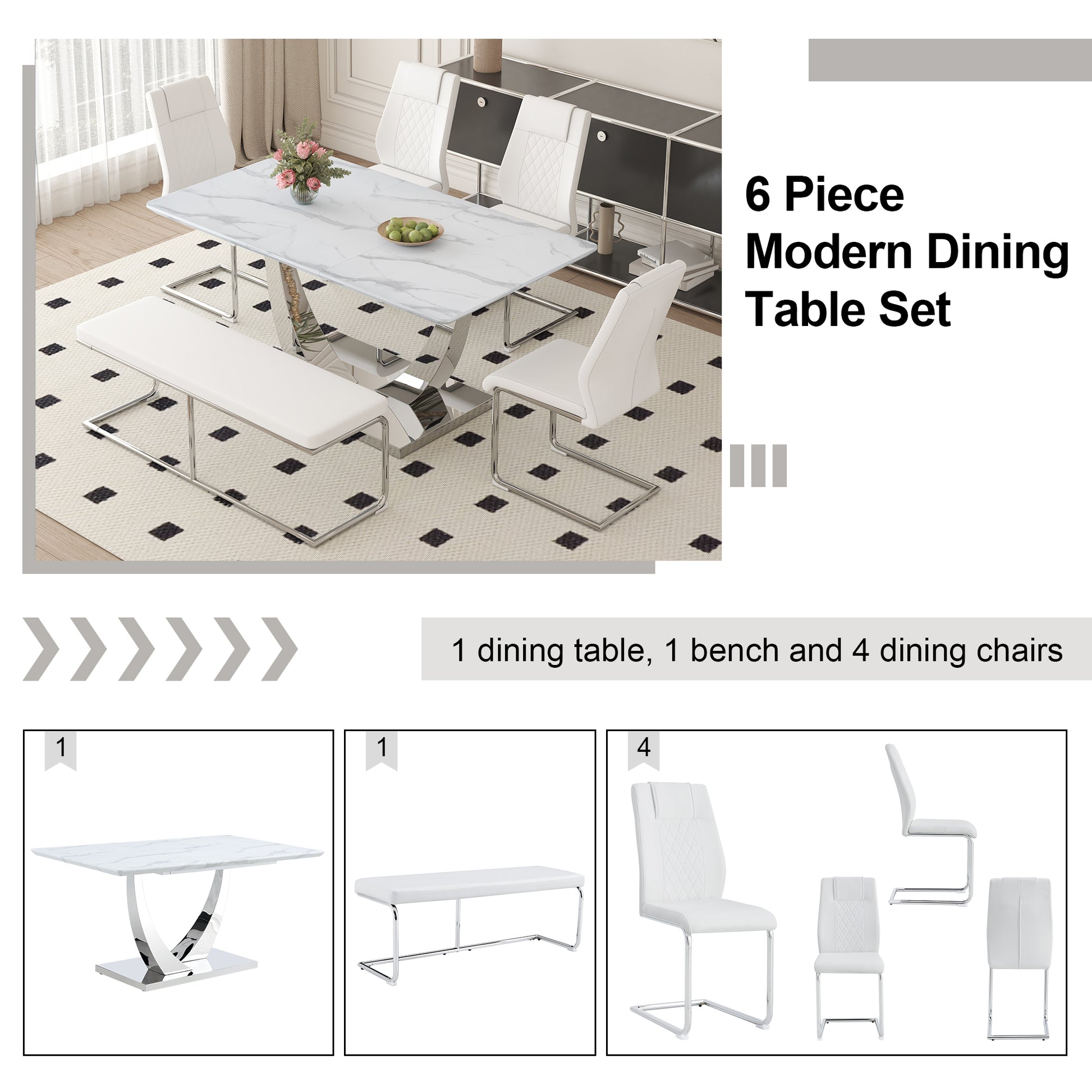 Table And Chair Set. Large Modern Rectangular Table With White Textured Top And Silver Metal Legs. Soft And Comfortable Pu Seats, Faux Leather Upholstered Seats And Sturdy Metal Legs. White Mdf Metal