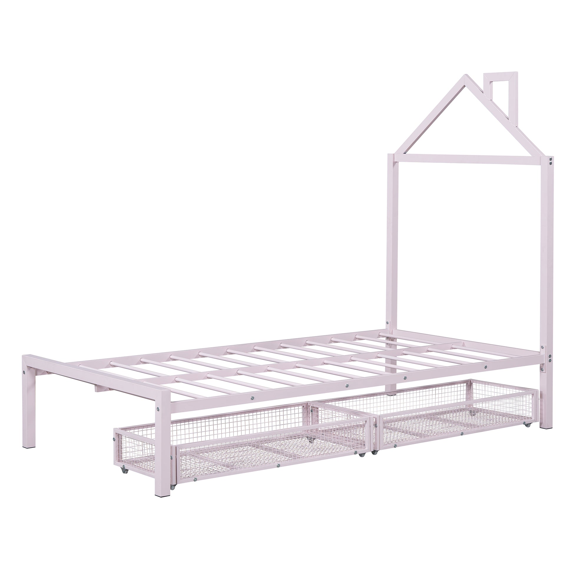 Twin Size Metal Platform Bed With Two Drawers,House Shaped Headboard Design, Pink Twin Pink Metal