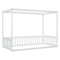 Twin Size Canopy Frame Floor Bed With Fence, Guardrails,White Twin White American Design Pine