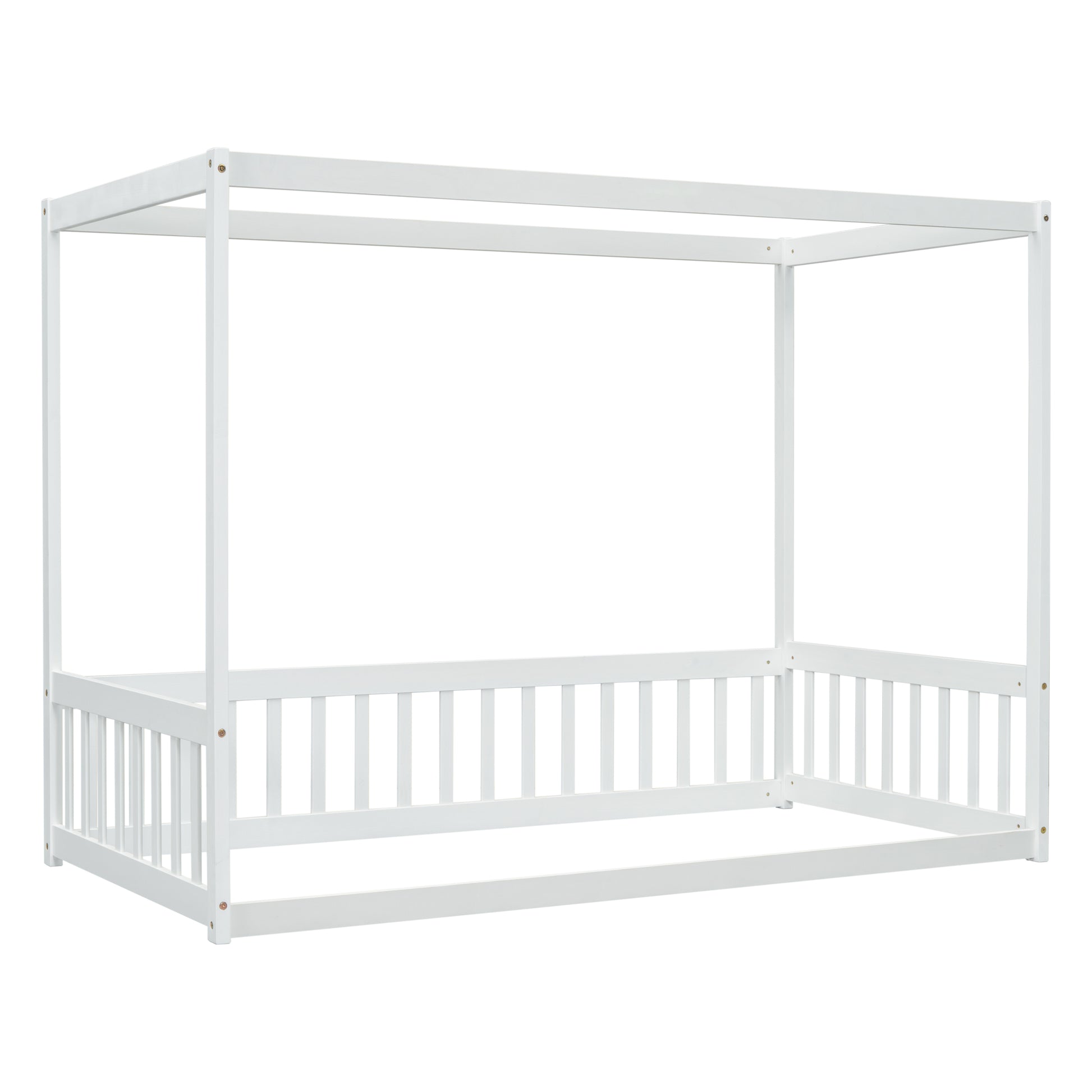 Twin Size Canopy Frame Floor Bed With Fence, Guardrails,White Twin White American Design Pine