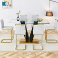 Table And Chair Set,Clear Tempered Glass And Black Legs Of The Table, Pu And Gold Legs Of The Chair Black Grey Seats 6 Tempered Glass