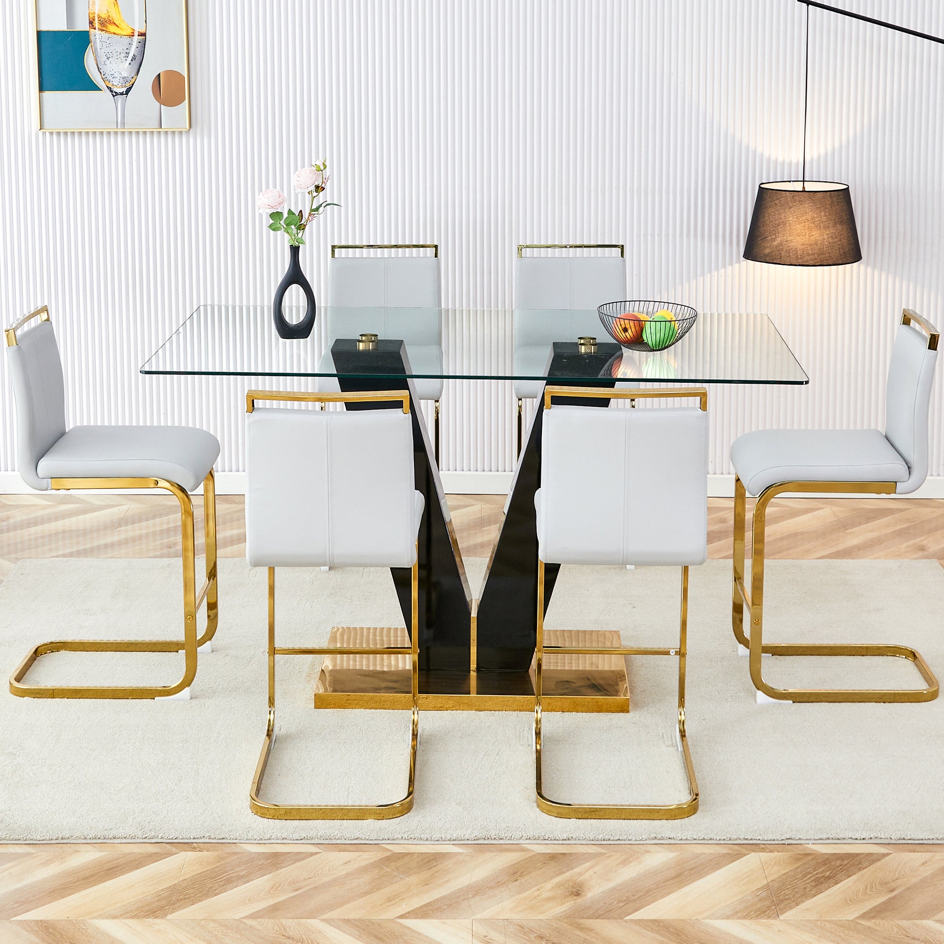 Table And Chair Set,Clear Tempered Glass And Black Legs Of The Table, Pu And Gold Legs Of The Chair Black Grey Seats 6 Tempered Glass