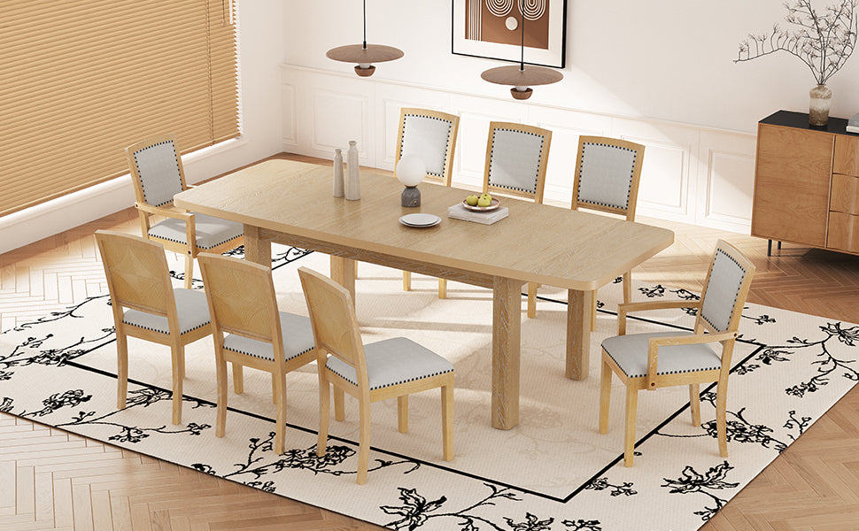 Rustic Extendable 84Inch Dining Table Set With 24Inch Removable Leaf6 Upholstered Armless Dining Chairs And 2 Padded Arm Chairs, 9 Pieces, Natural Wood Dining Room Extendable Rubberwood Rectangular Dining Table With Chair Upholstered Chair Wood Natural