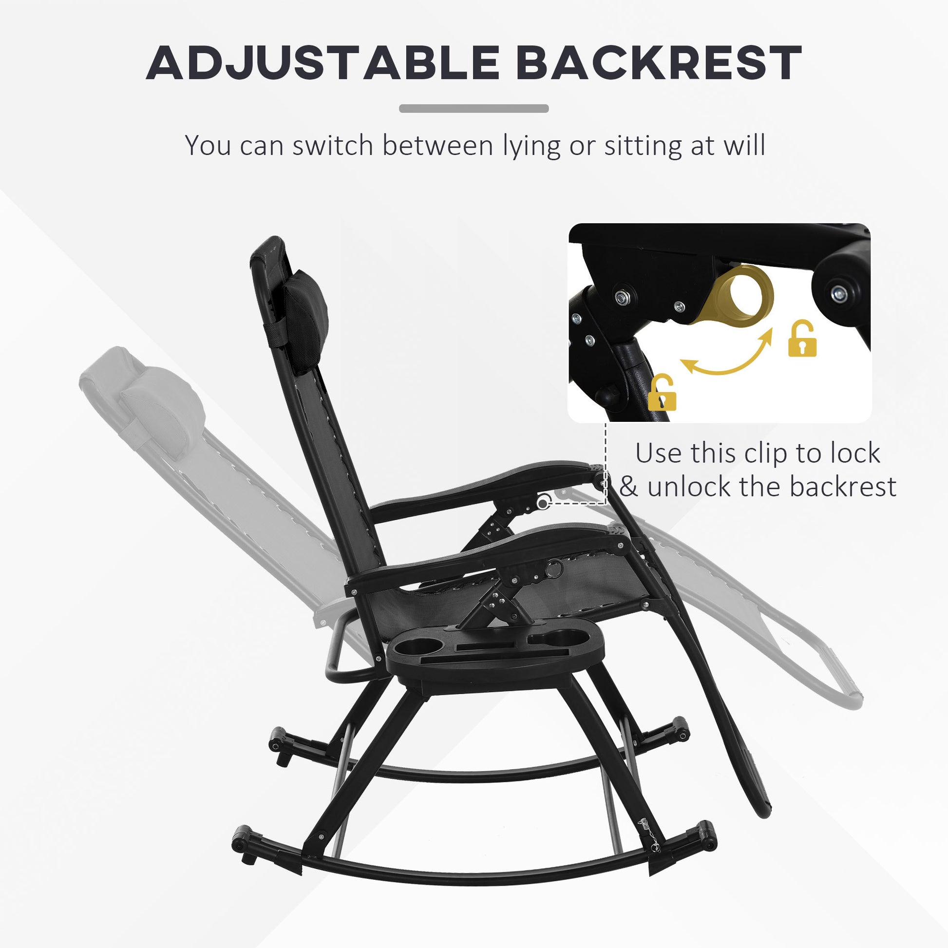 Outsunny 2 Pieces Outdoor Rocking Chairs, Foldable Reclining Zero Gravity Lounge Rocker With Pillow, Cup & Phone Holder, Combo Design With Folding Legs, Black Black Steel