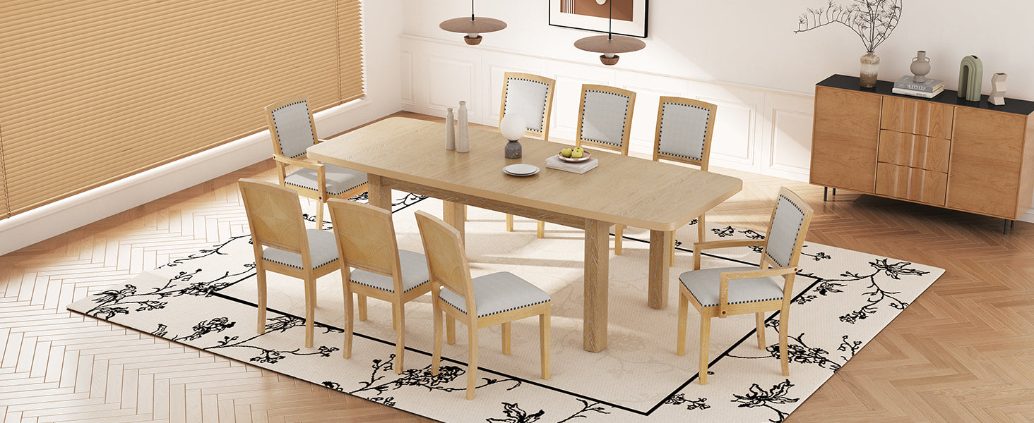 Rustic Extendable 84Inch Dining Table Set With 24Inch Removable Leaf6 Upholstered Armless Dining Chairs And 2 Padded Arm Chairs, 9 Pieces, Natural Wood Dining Room Extendable Rubberwood Rectangular Dining Table With Chair Upholstered Chair Wood Natural