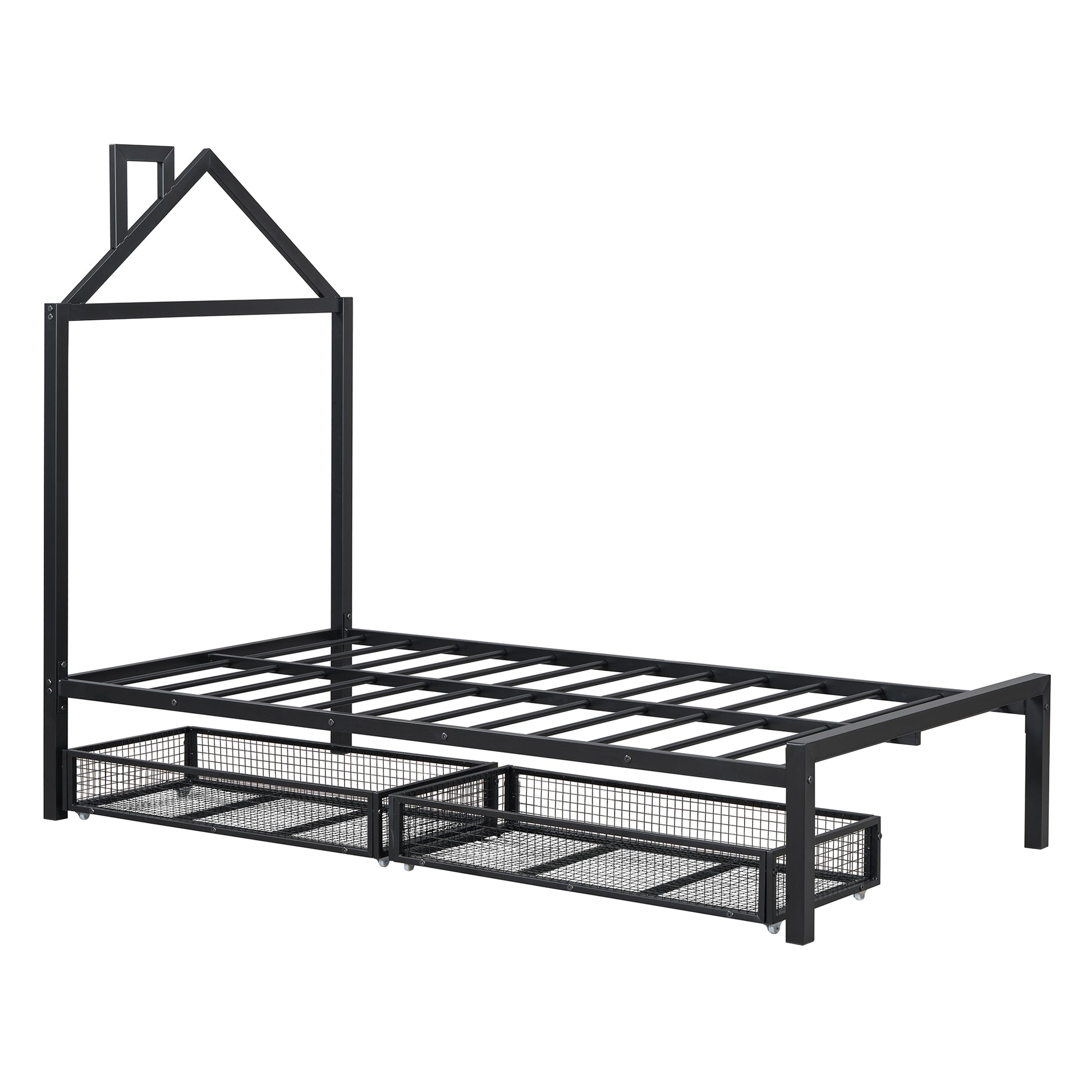 Twin Size Metal Platform Bed With Two Drawers,House Shaped Headboard Design, Black Twin Black Metal