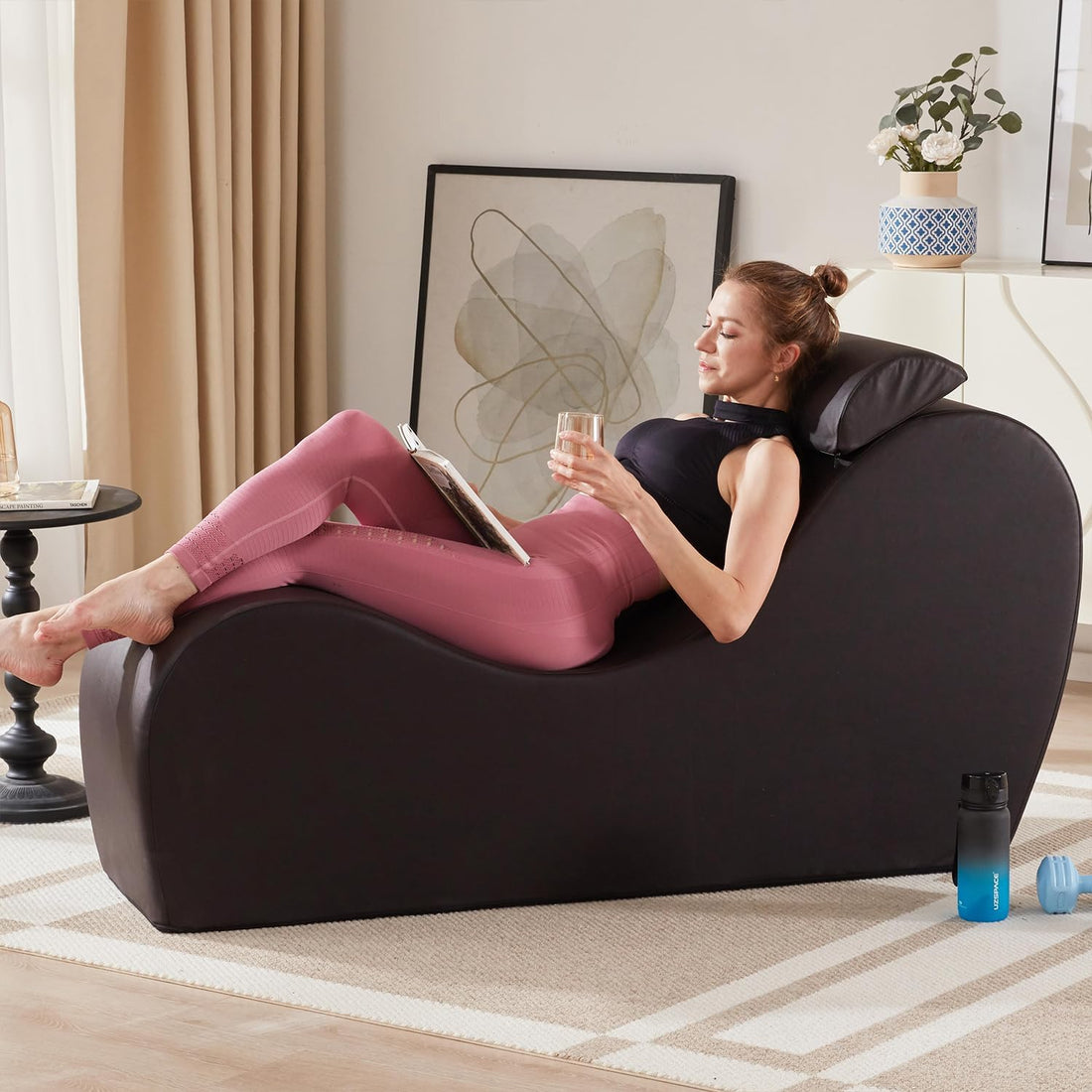 Yoga Chaise Lounge Chair For Stretching Relaxation Exercise, Ergonomic S Curved Chaise Lounge, Full High Density Foam Filled Yoga Chair For Indoor Living Room Bedroom Lounge, Black Easy Clean Full