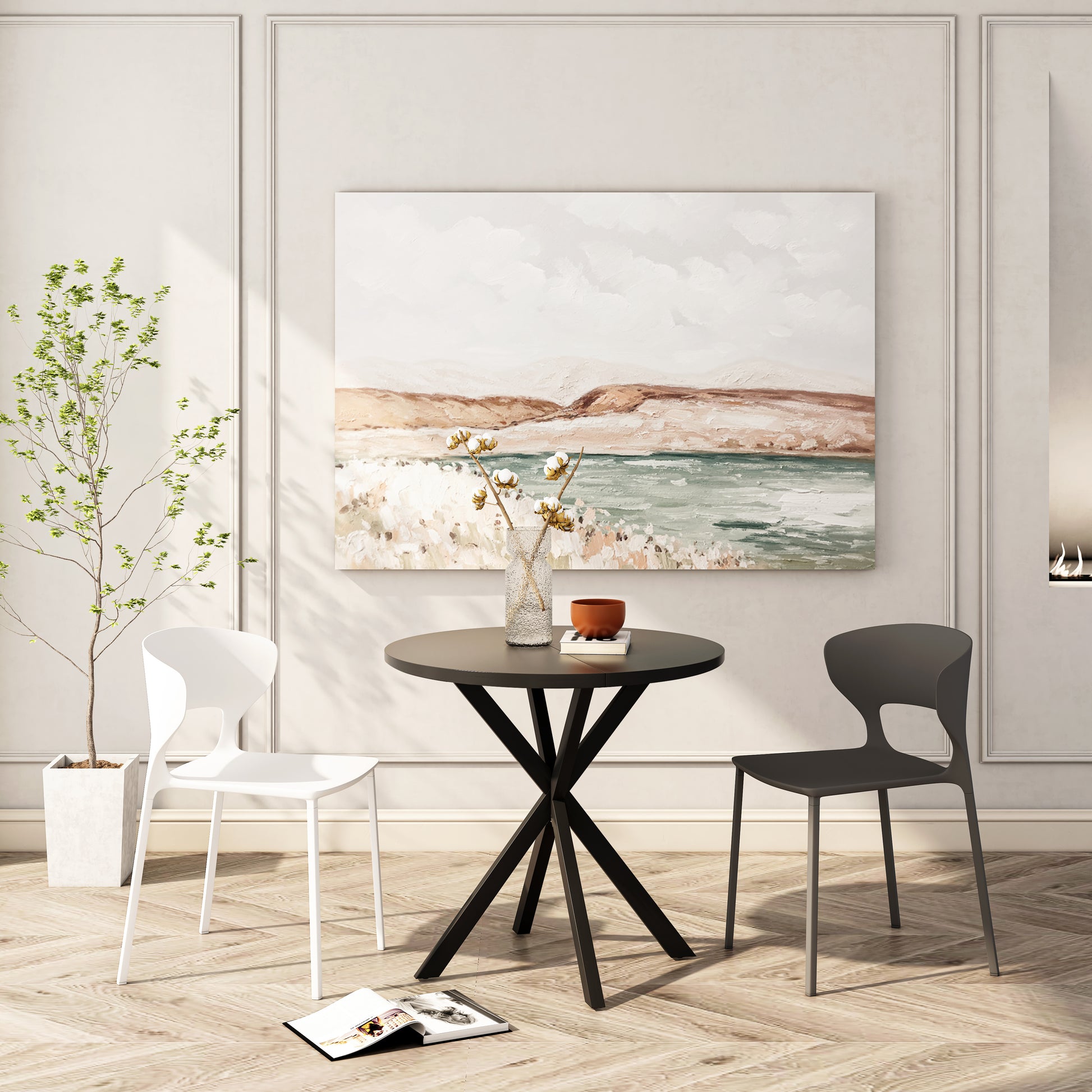 31.5'' Modern Round Dining Table With Crossed Legs, Black Occasional Table, Two Piece Detachable Table Top, Matte Finish Iron Legs Black Mdf Metal