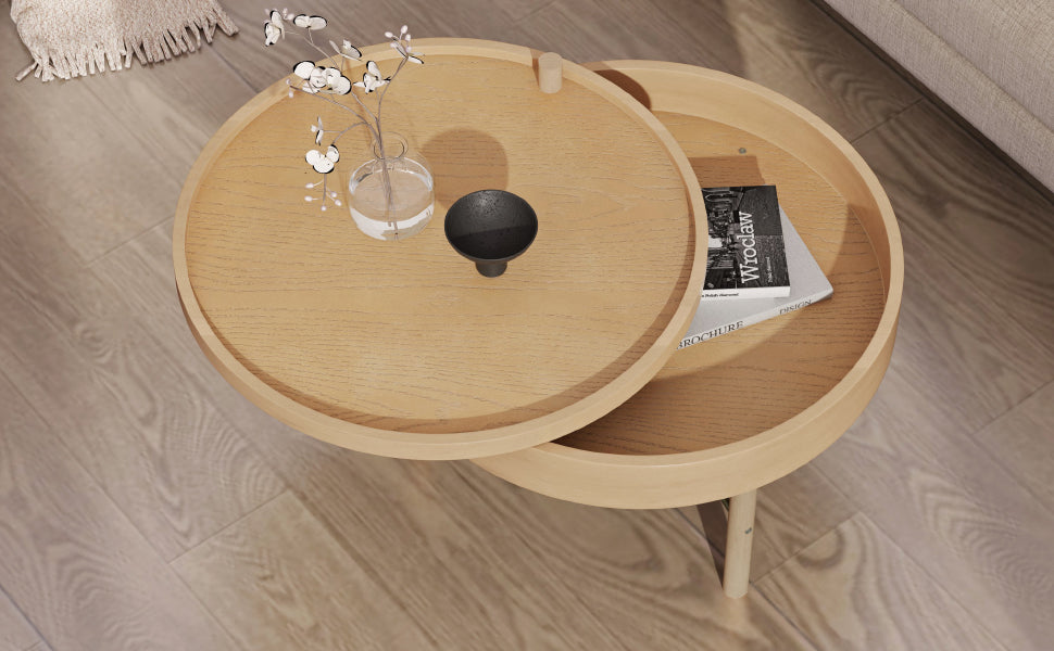 Modern Round Wood Rotating Tray Coffee Table With Storage & Metal Legs In Natural Natural Metal,Rubber Wood